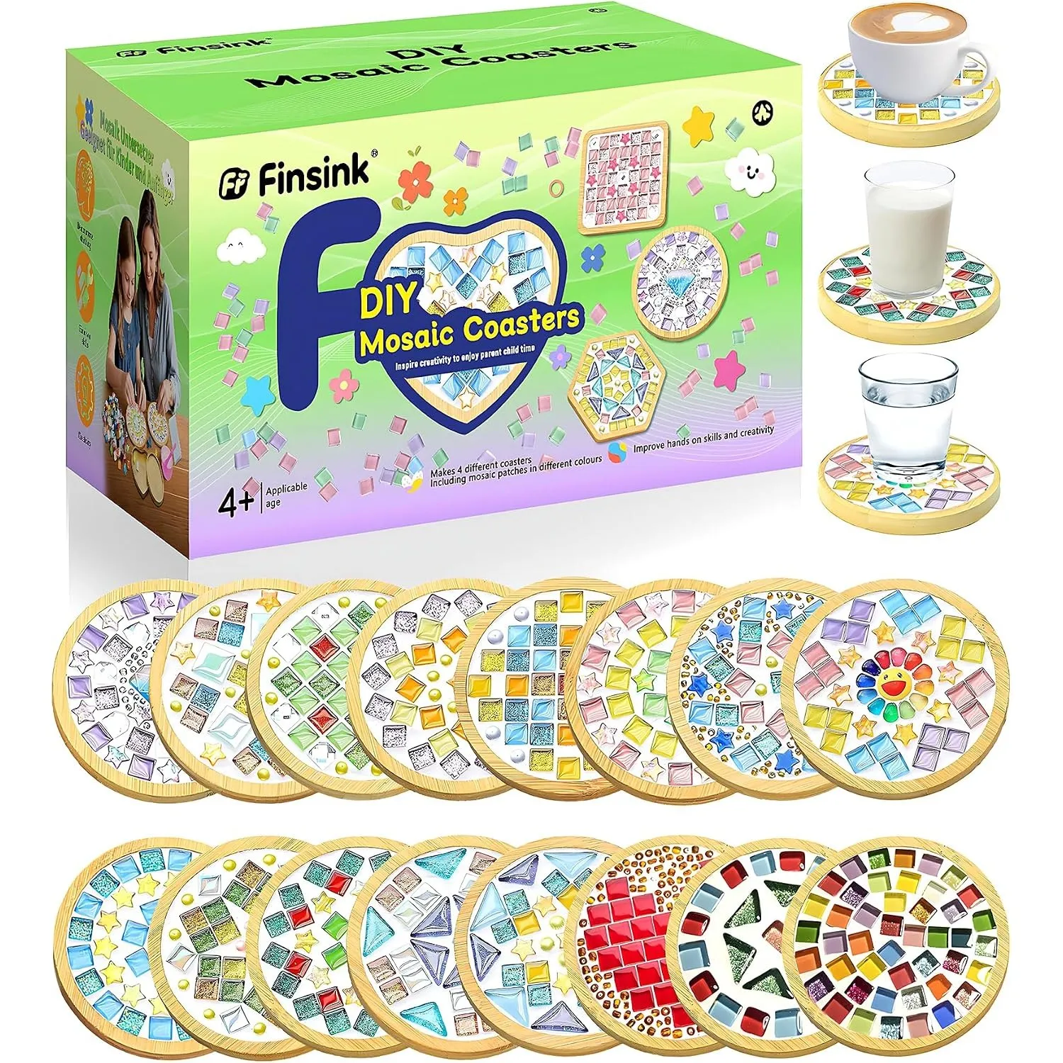 Finsink Mosaik bastelset kinder 16pcs mosaik untersetzer bastelset diy holz untersetzer Set Mosaiksteine zum basteln se…