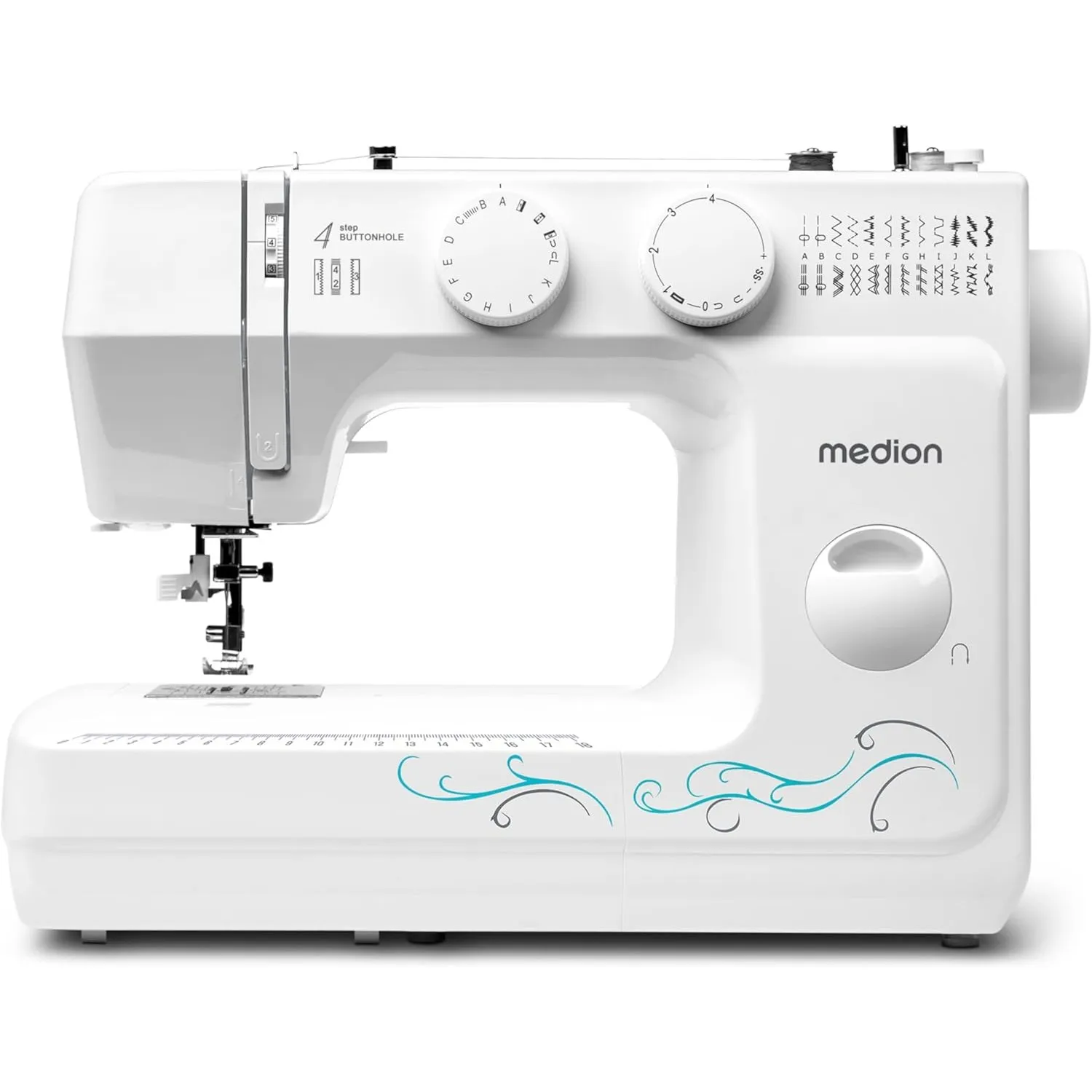 MEDION Freiarm-Nähmaschine MD 18205, 60 verschiedene Stichmuster, Knopfloch- und Einfädelautomatik, LED-Nählicht, umfan…