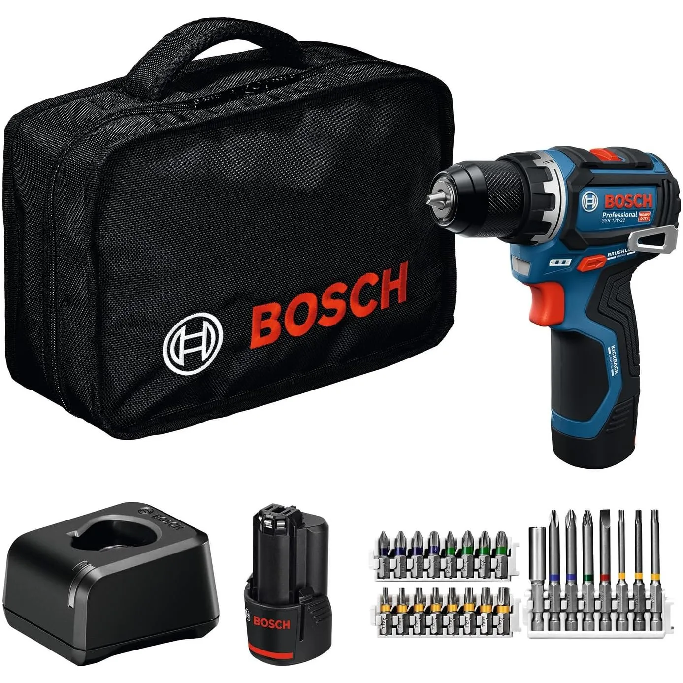 BOSCH Professional 12V System Akku-Bohrschrauber GSR 12V-32 (Advanced KickBack Control, bürstenloser Motor, inkl. 2,0-A…