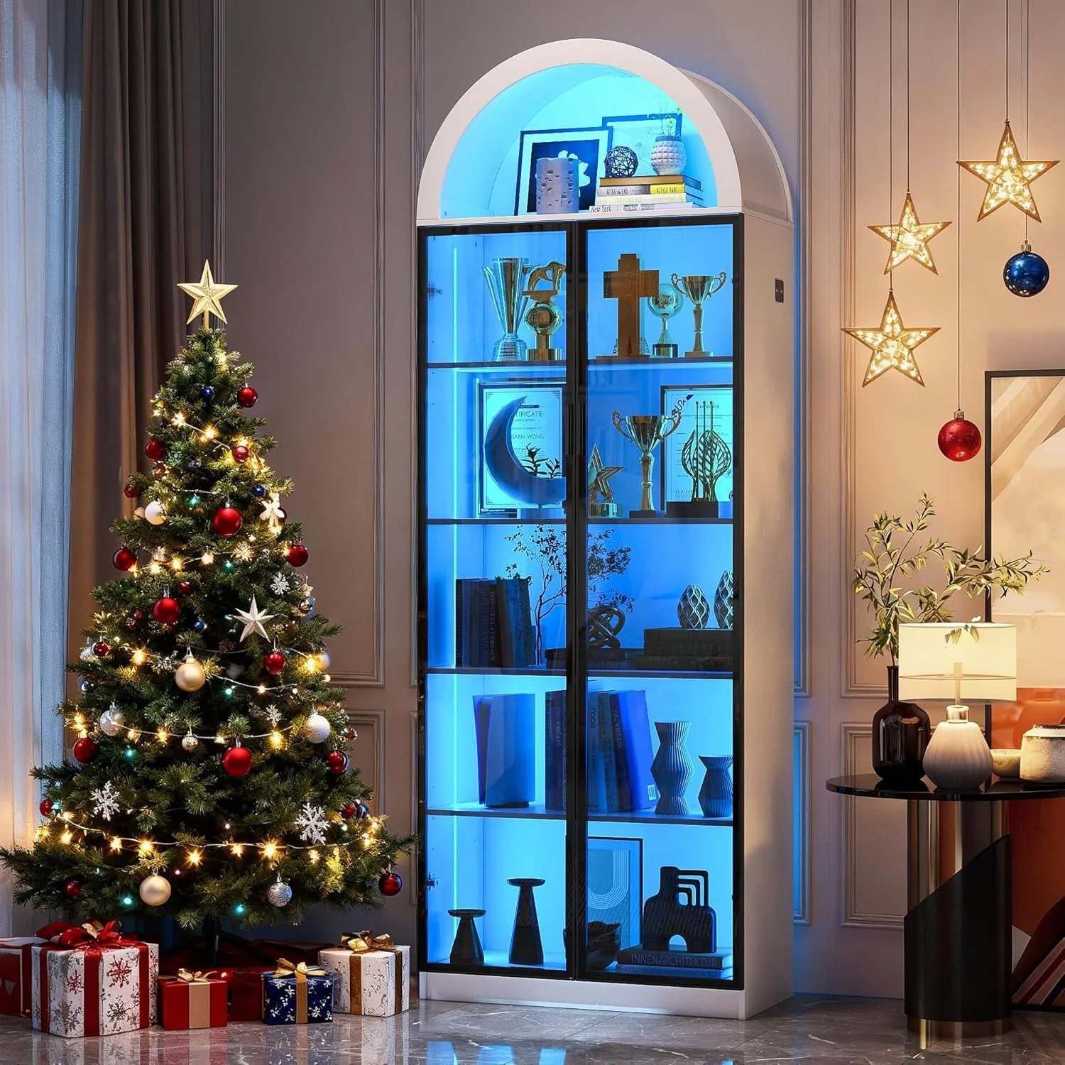 FREDEES Vitrine mit Türen und verstellbaren Einlegeböden, 195CM hohe Vitrine mit LED-Beleuchtung/gewölbtem Stauraum, 6-…
