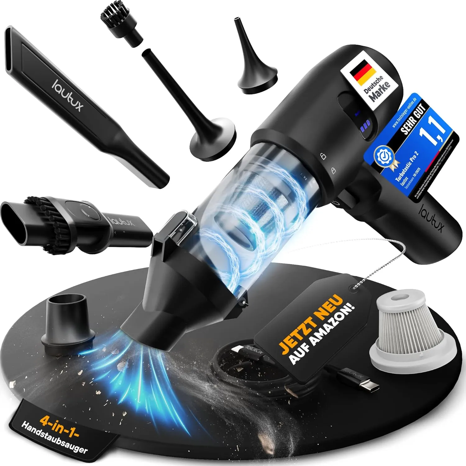 Turbotastic Pro 2 Handstaubsauger – 120W, 18.000Pa, bis 60 Min Laufzeit, HEPA-Filter, LED-Display, 4-in-1 Düsen (Auto, …