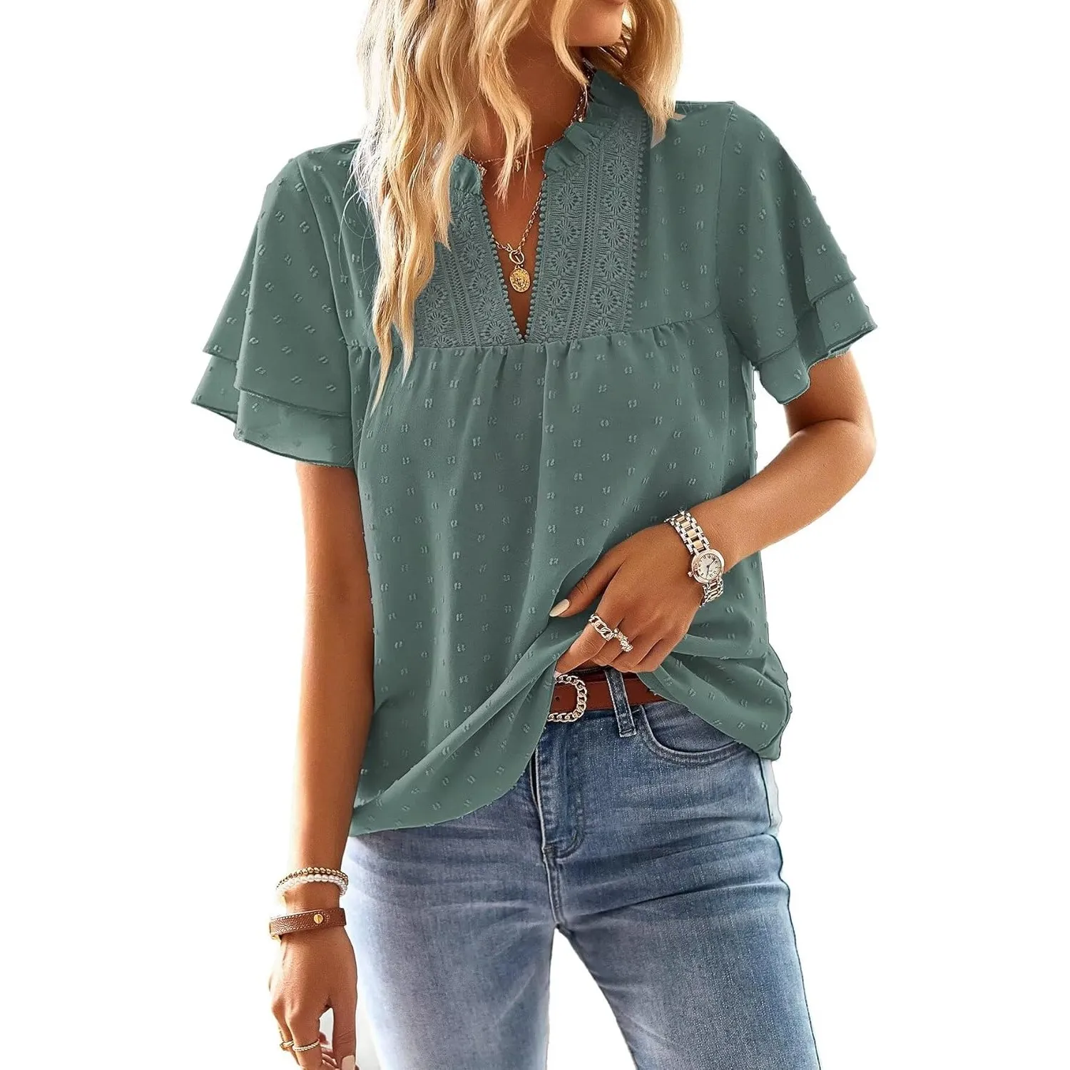 Top Damen Sommer Boho Bluse Kurzarm Oberteile Fließend Elegant V-Ausschnitt T Shirt Lässig Outfits Spitze Kleidung