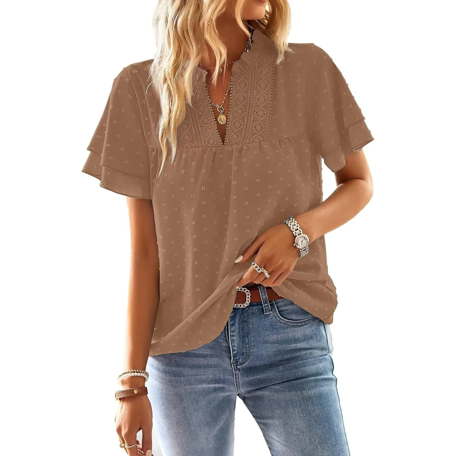 Top Damen Sommer Boho Bluse Kurzarm Oberteile Fließend Elegant V-Ausschnitt T Shirt Lässig Outfits Spitze Kleidung