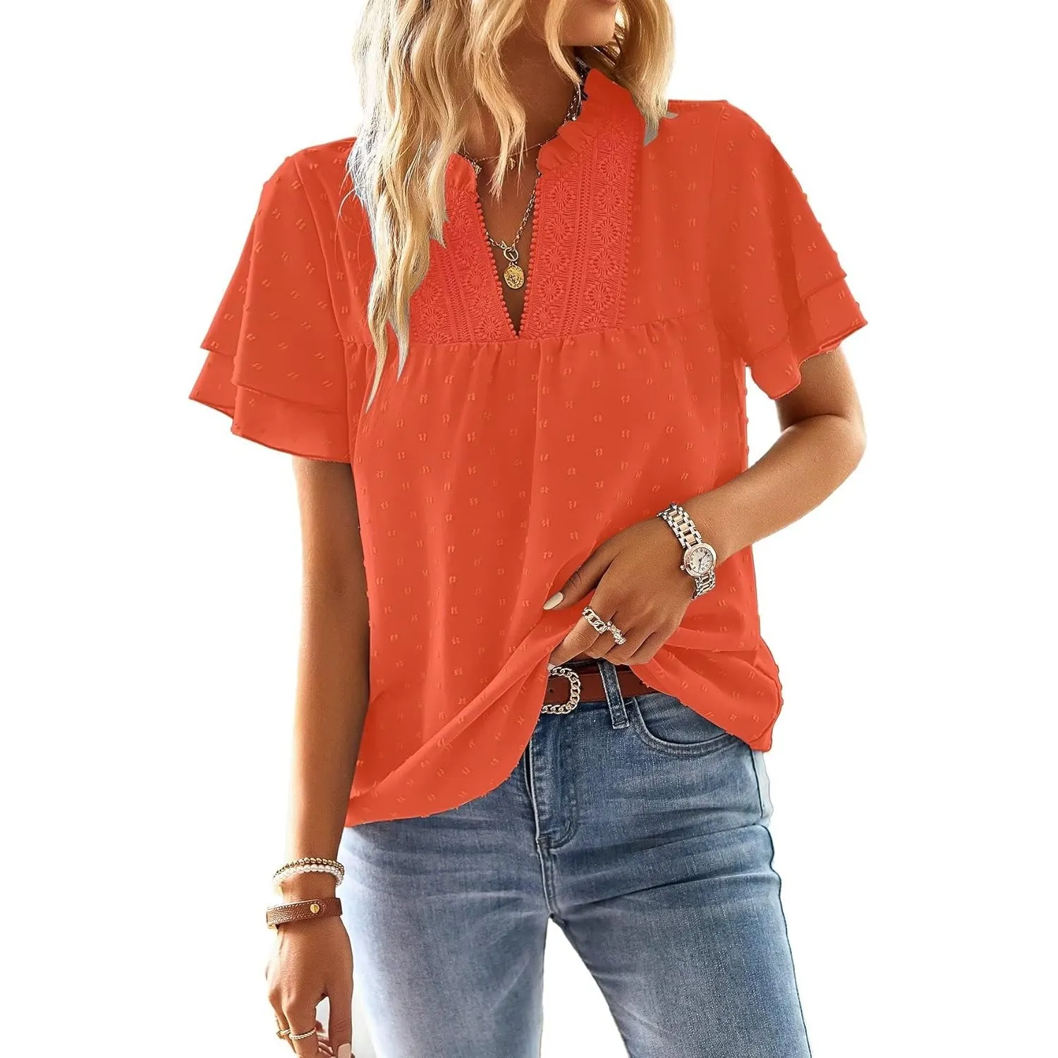 Top Damen Sommer Boho Bluse Kurzarm Oberteile Fließend Elegant V-Ausschnitt T Shirt Lässig Outfits Spitze Kleidung