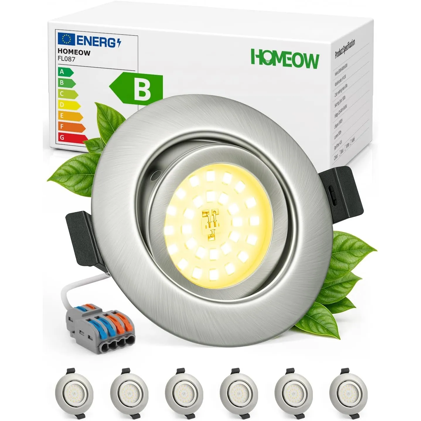 HOMEOW LED Einbaustrahler 230V Metallgehäuse Warmweiß IP44 Nickel 6er Set