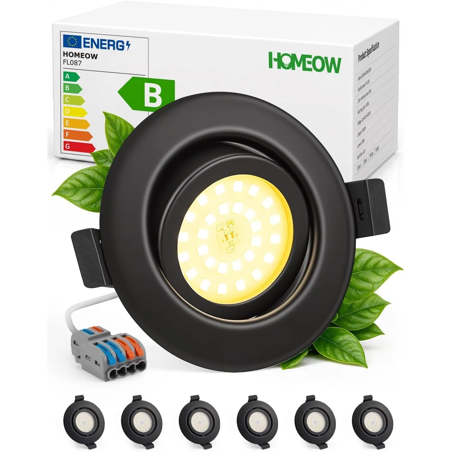 HOMEOW LED Einbaustrahler 230V Metallgehäuse Warmweiß IP44 Schwarz 6er Set