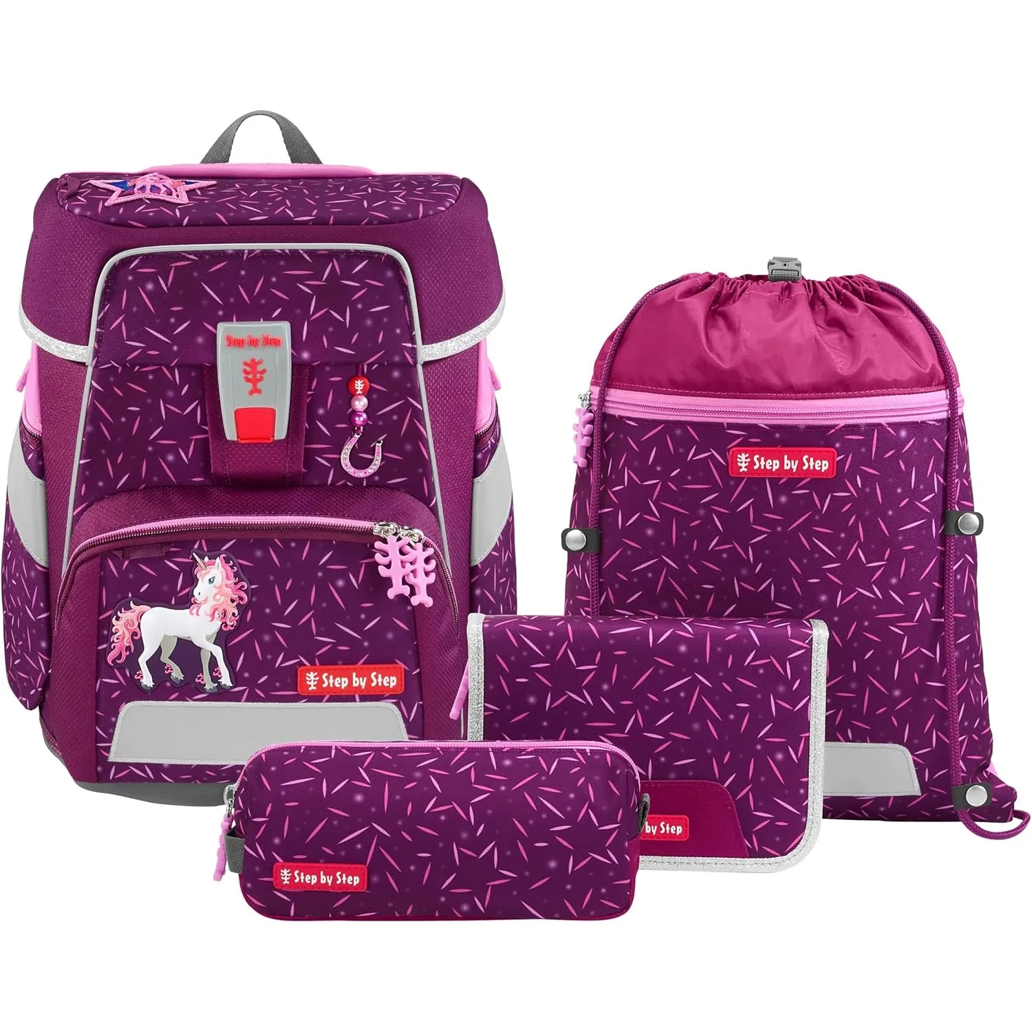 Step by Step Schulranzen-Set SPACE „Pretty Unicorn Nuala“ 5-teilig, rosa, Einhorn-Design, ergonomischer Tornister mit R…