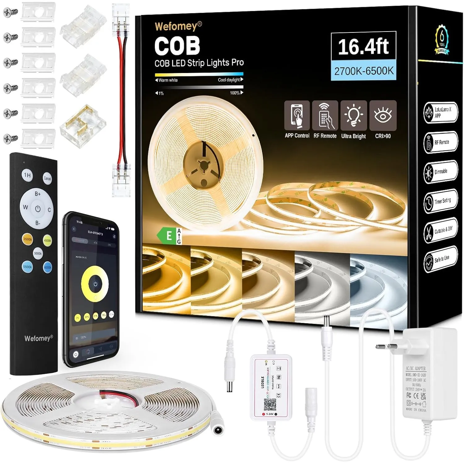 COB LED Streifen 5M, APP Steuerung, LED Streifen Warmweiss Kaltweiß 2700K-6500K, 24V Dimmbar Flexible LED Strip Set mit…
