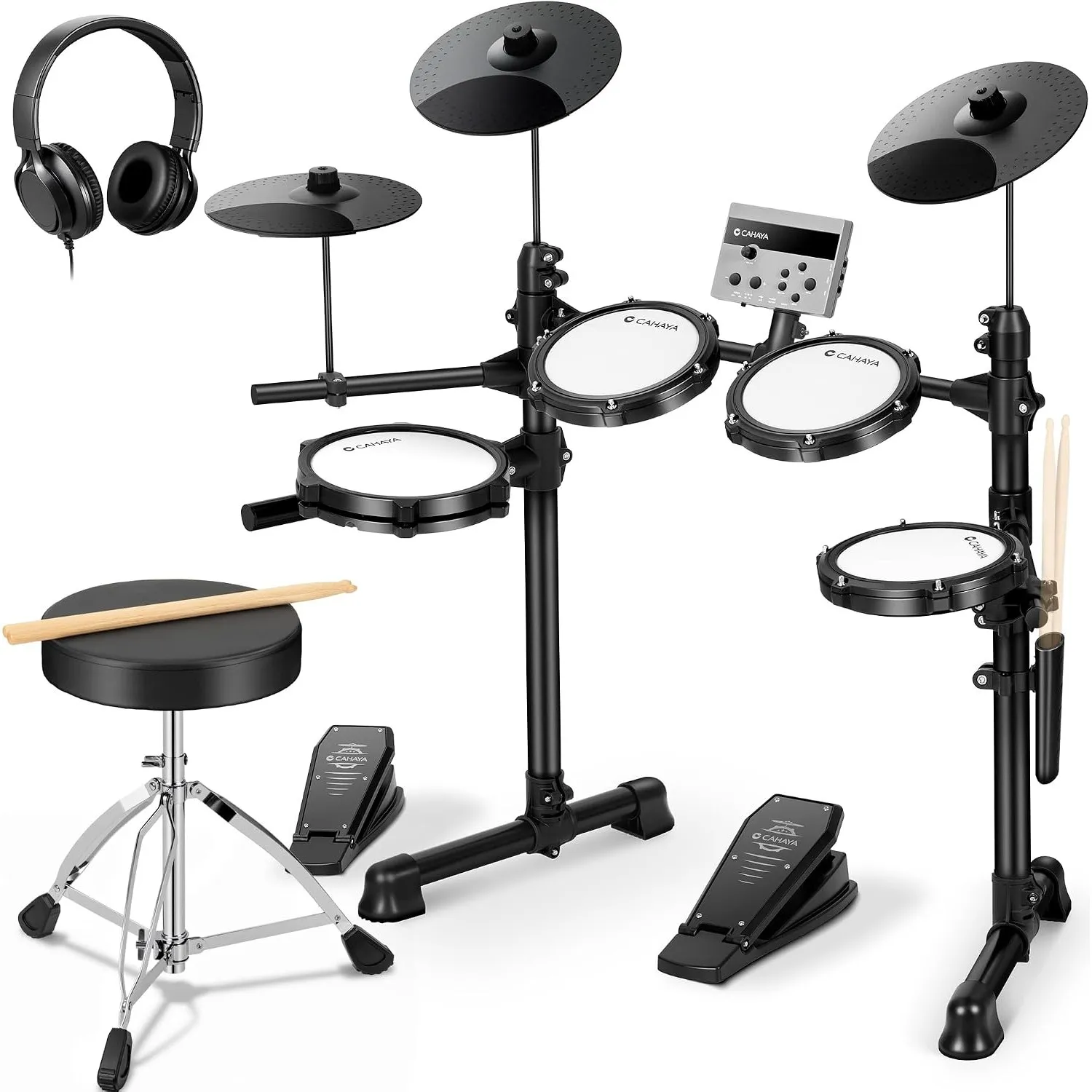 CAHAYA E-Drum Set für Anfänger, 150 Sounds, USB/MIDI, Komplettset | Komplettset mit Hocker, Kopfhörer, Sticks & 2 Pedal…
