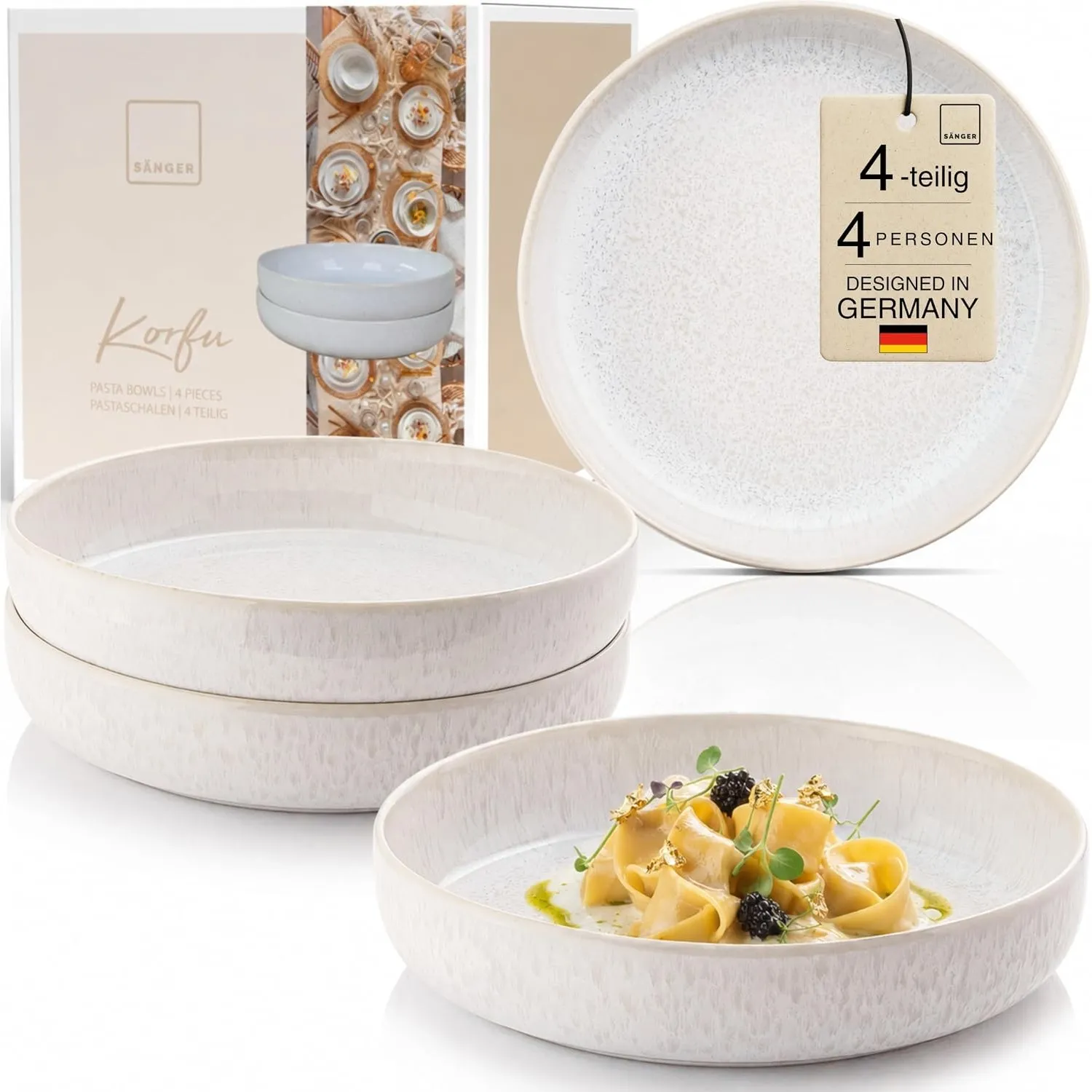 Sänger Korfu Pastateller Set 4 Personen, tiefe Teller aus Steingut, Beige