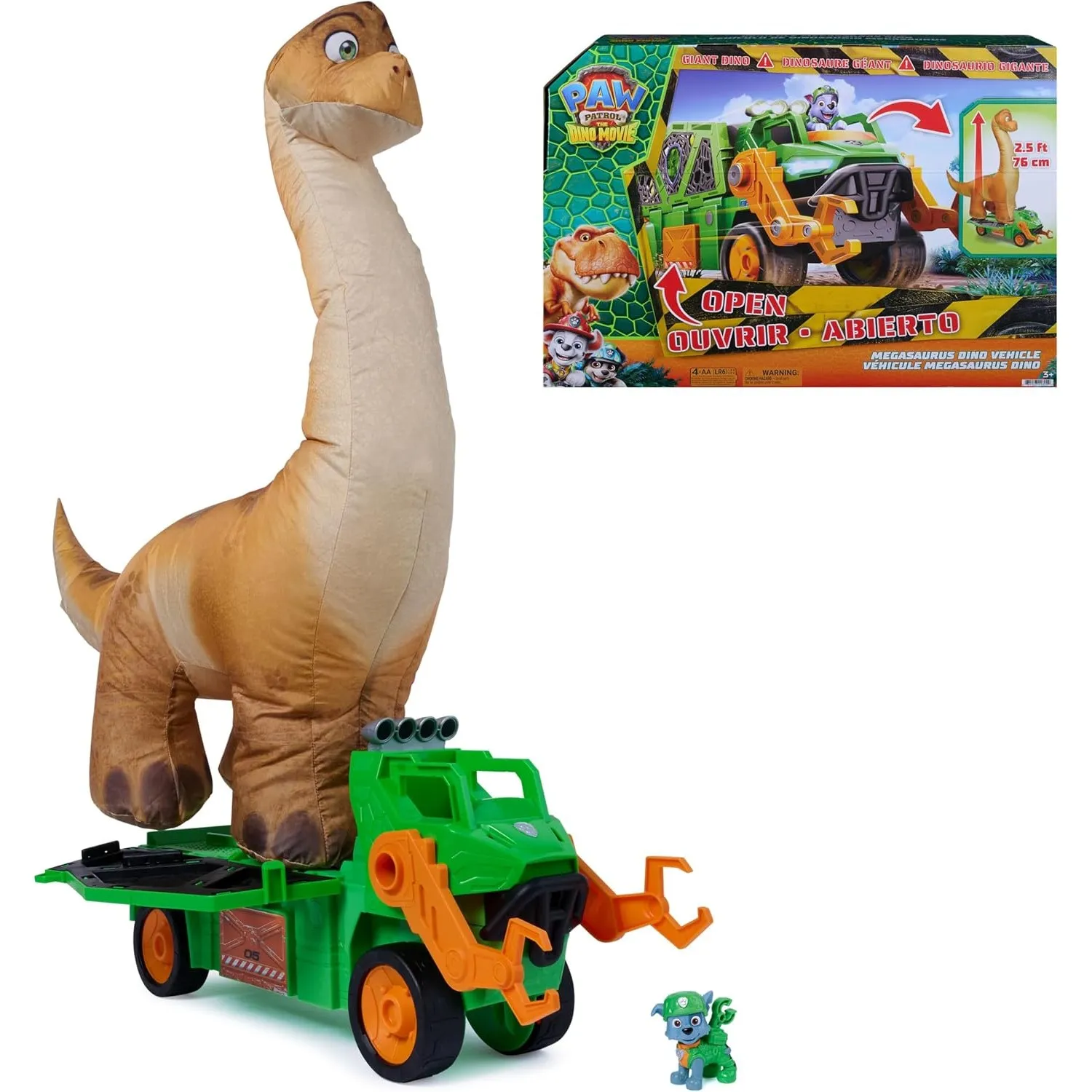 PAW PATROL: Der Dino Film Rockys Megasaurus Transport-Fahrzeug, ab 3 Jahren | 76 cm aufblasbarer Dino | 2-in-1 Dino & F…