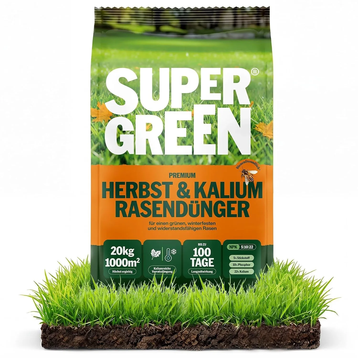 SUPERGREEN Herbst- & Kalium-Rasendünger Langzeit bis 100 Tage | 20 kg für 1000m² | NPK 5-10-22 für winterharten Rasen |…