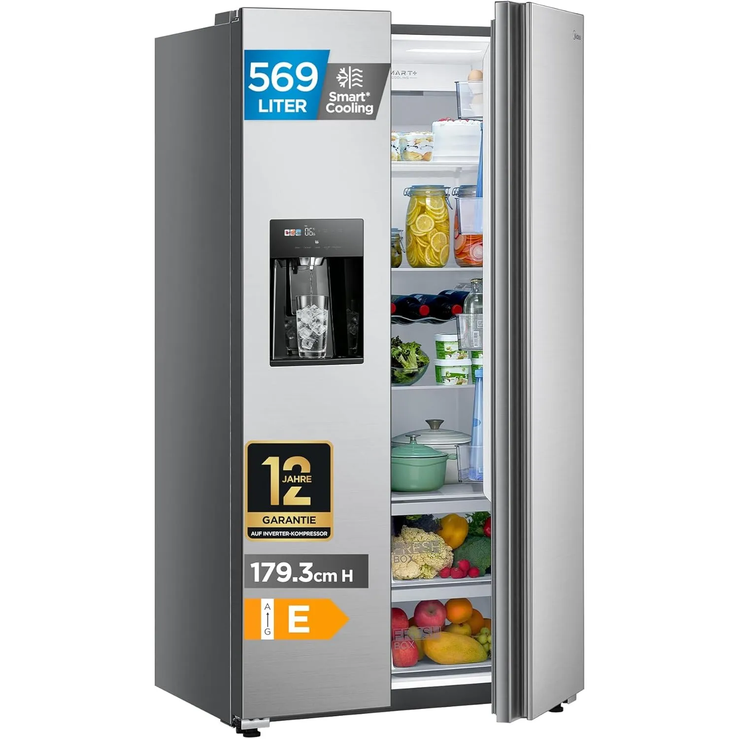 Midea Side-by-Side Kühl-Gefrierkombination 569 L | Eiswürfel- & Wasserspender, WiFi-Steuerung | No Frost, Multi-Air-Flo…