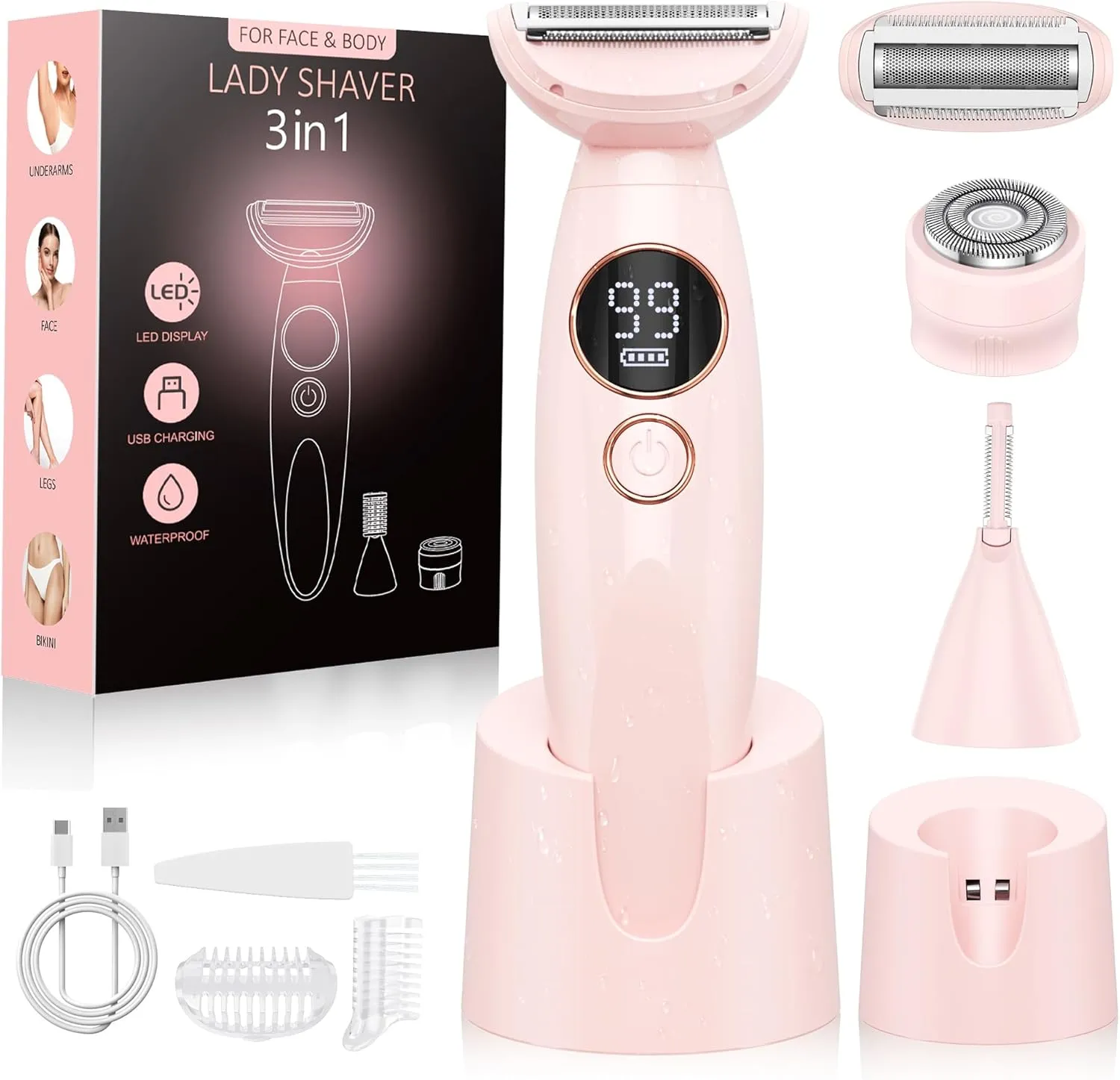 Rasierer Damen,3-In-1 Intimrasierer für Frauen,Gesichtshaarentferner für Frauen,Damenrasierer Elektrisch Nass-Trockenra…