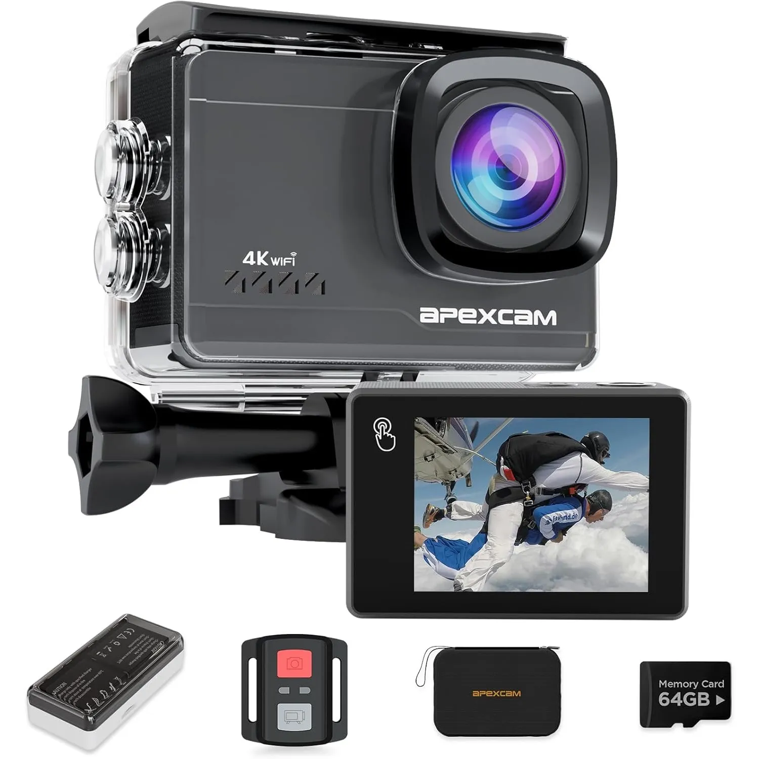 Apexcam M90 mit 64G Karte Action Cam 4K60FPS 64MP WLAN EIS Bildstabilisierung Sportkamera mit Touchscreeen Unterwasserk…