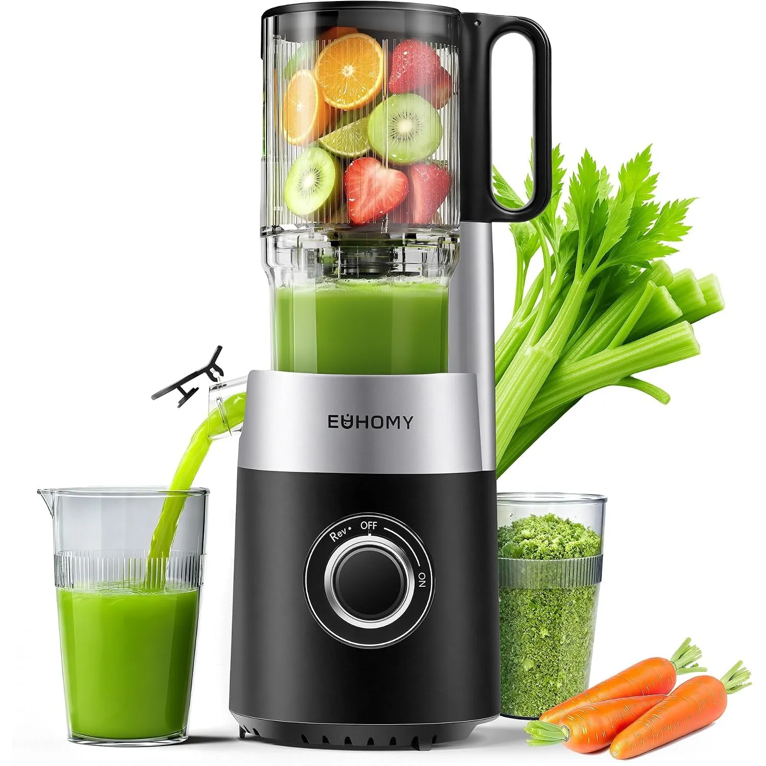 EUHOMY Entsafter, Slow Juicer für Ganze Gemüse und Obst, 135 mm großem Einfüllschacht 1,8 L Füllvolumen, Klingenkonstru…