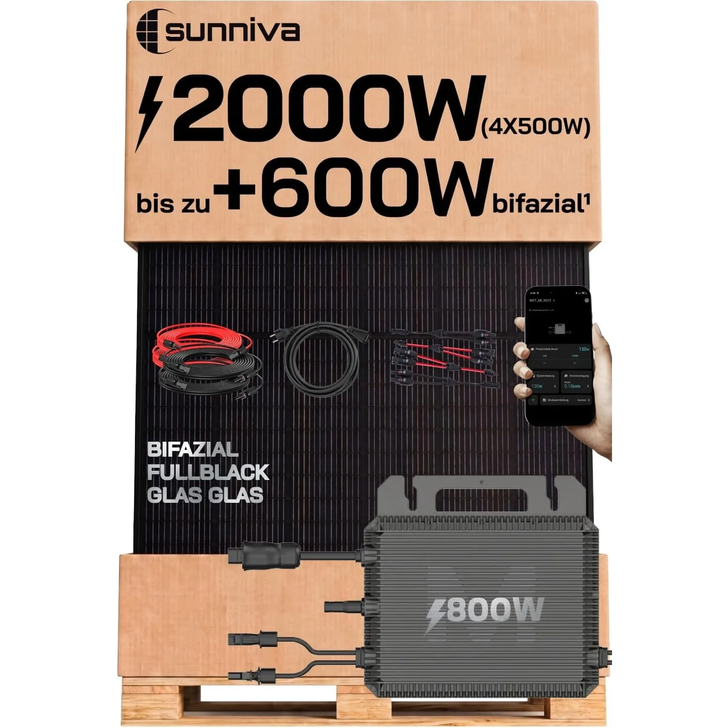 SUNNIVA® 2000W Balkonkraftwerk mit 800W Wechselrichter MARSTEK, BIFAZIAL FULLBLACK komplett Steckdose, PV Solaranlage K…