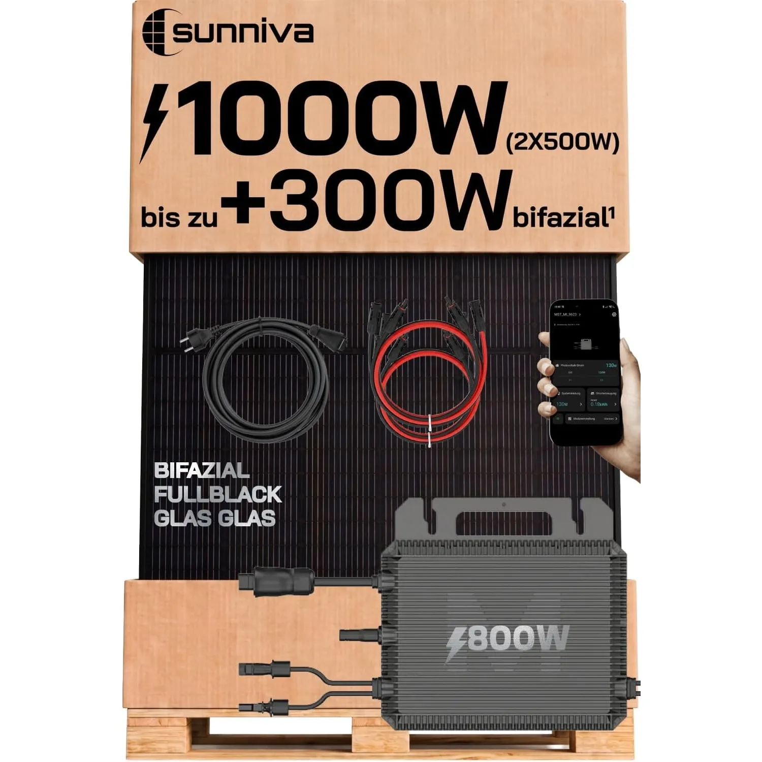 SUNNIVA® 1000W Balkonkraftwerk mit 800W Wechselrichter MARSTEK, BIFAZIAL FULLBLACK komplett Steckdose, PV Solaranlage K…