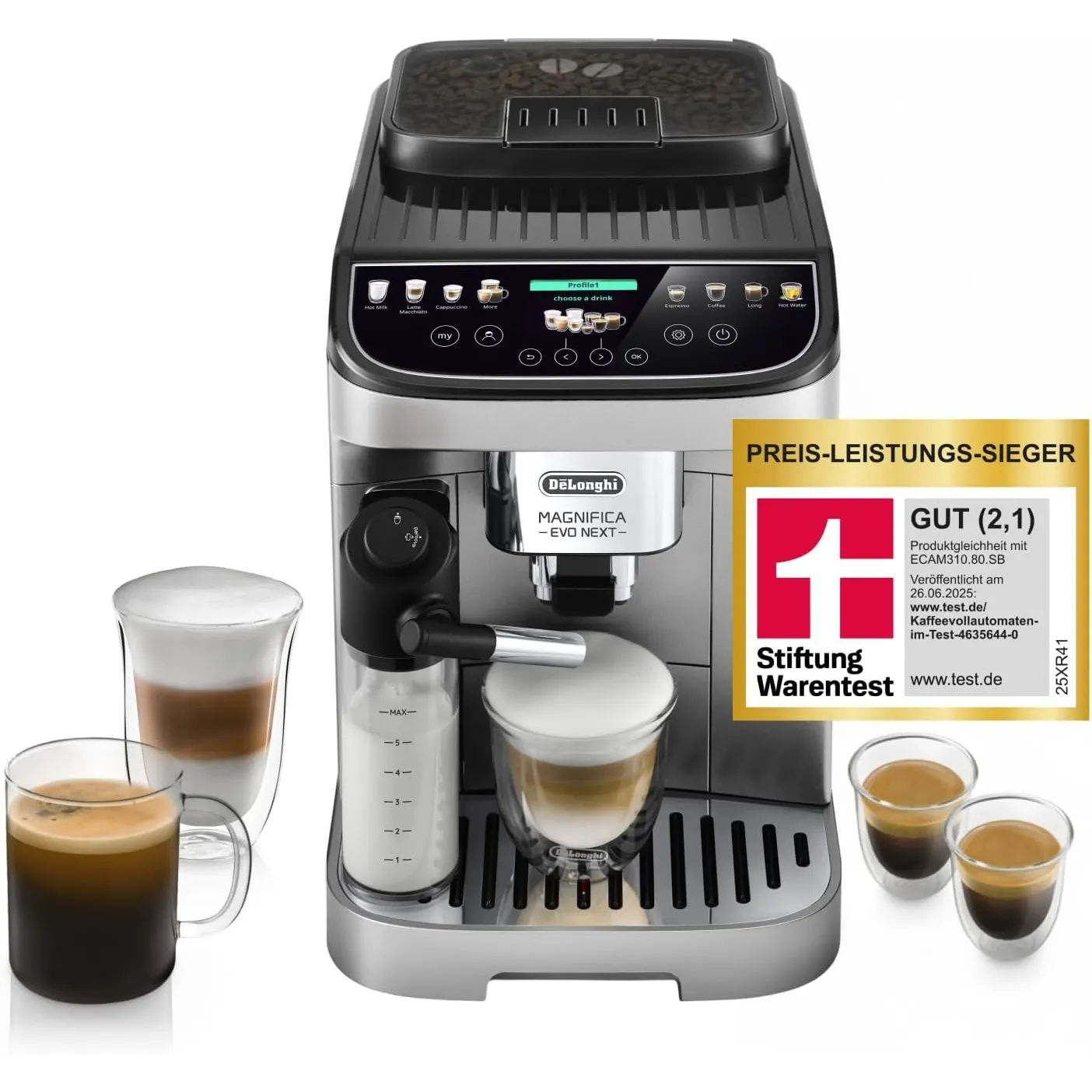 De’Longhi Magnifica Evo Next - Perfetto Kaffeevollautomat mit LatteCrema-Milchaufschäumer, 13 One-Touch-Getränke, Coffe…