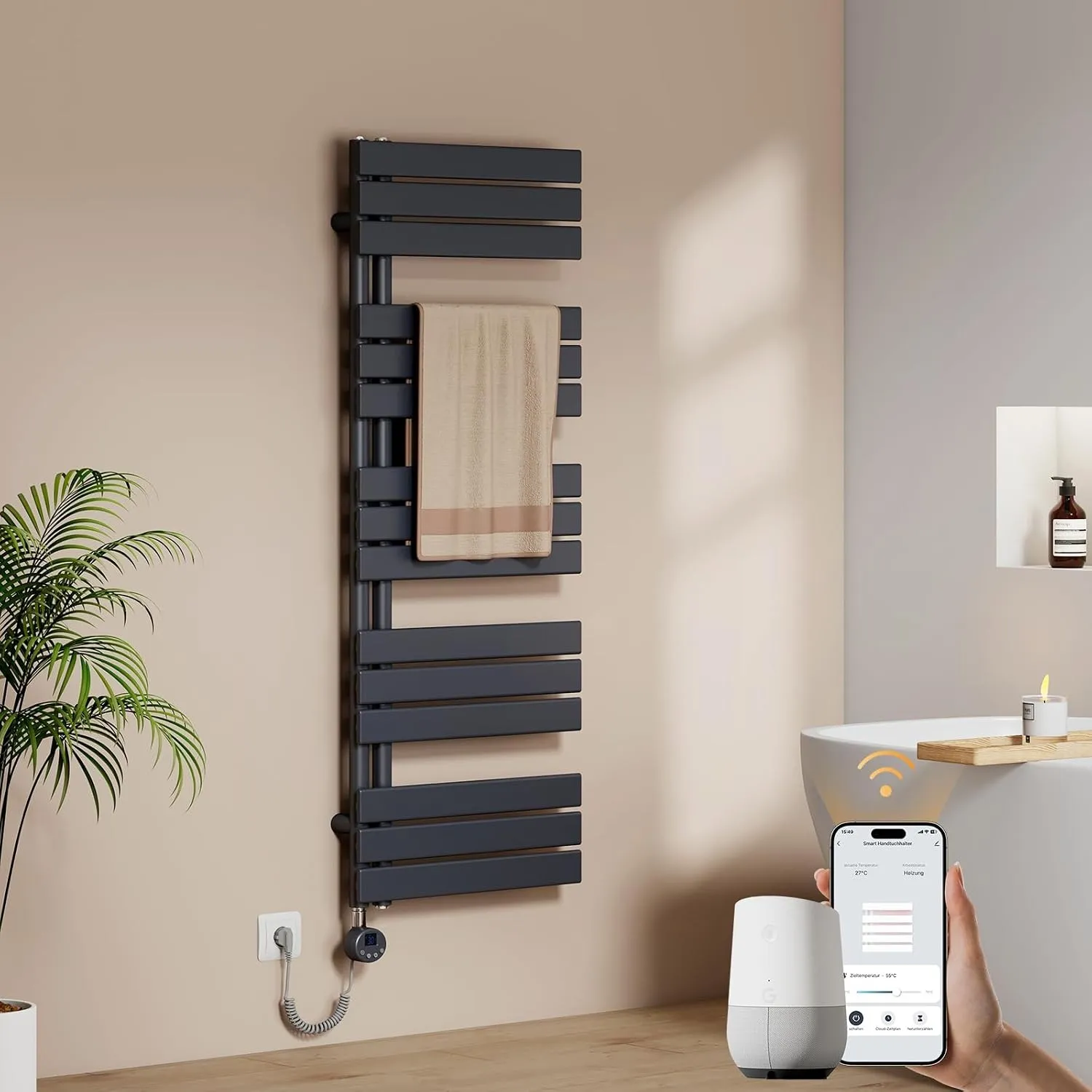 EMKE WiFi Handtuchheizkörper Elektrisch 1320 x 500 mm, Anthrazit, 800 W