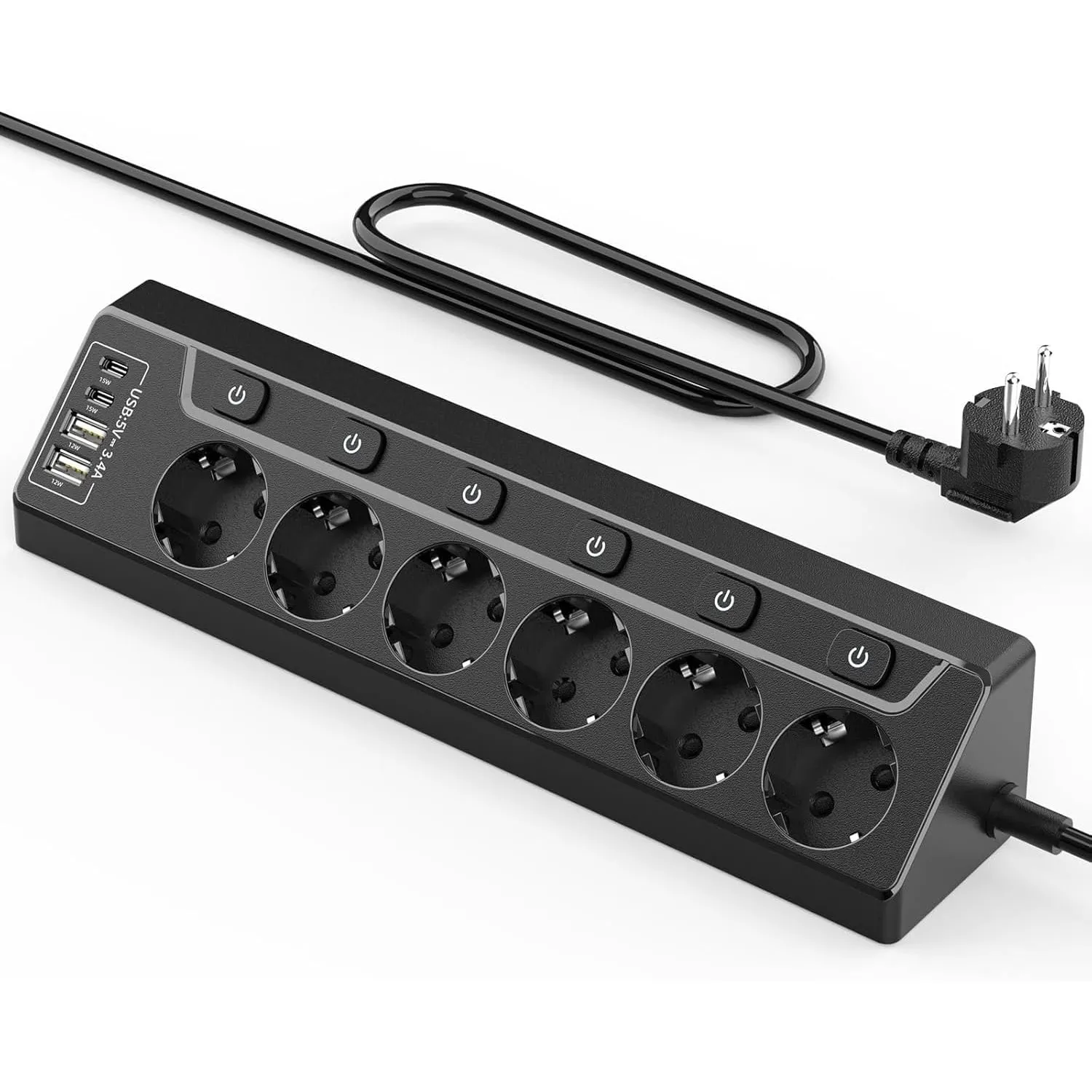 Eck Steckdosenleiste Überspannungsschutz mit USB C, 6 Fach Tischsteckdose Mehrfachsteckdose mit 2M Kabel (3680W,16A), V…