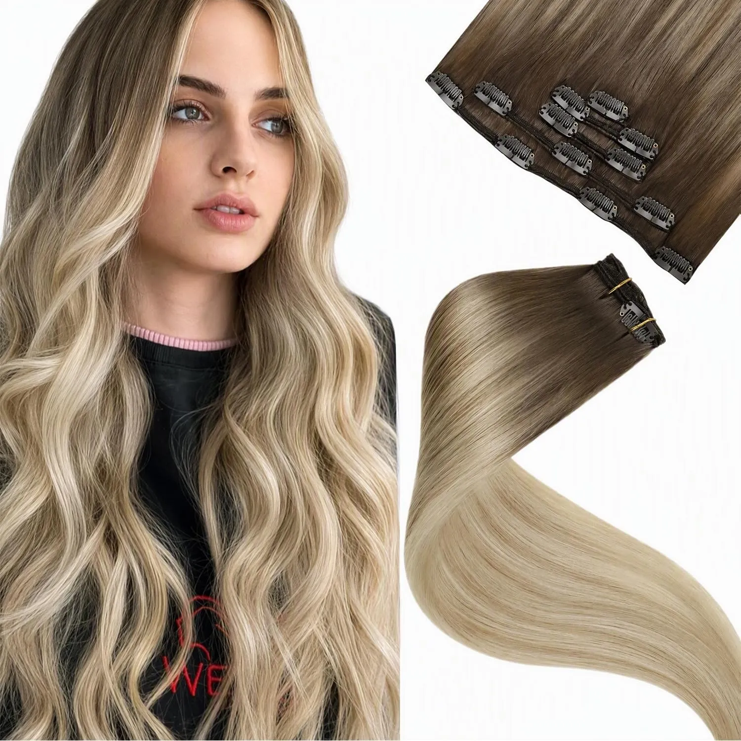 LaaVoo Echthaar Extensions Clip in Balayage Blond Extensions Echthaar Clip Hellbraun Ombre Platinblond Clips in Haarver…