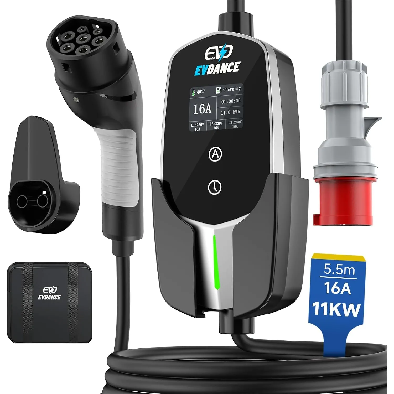 EVDANCE Mobile Wallbox/Ladestation 11kW Typ 2 Ladekabel | 3-phasig, 5.5m, 6-16A, Ladekabel e Auto CEE-16A 400V auf Typ …