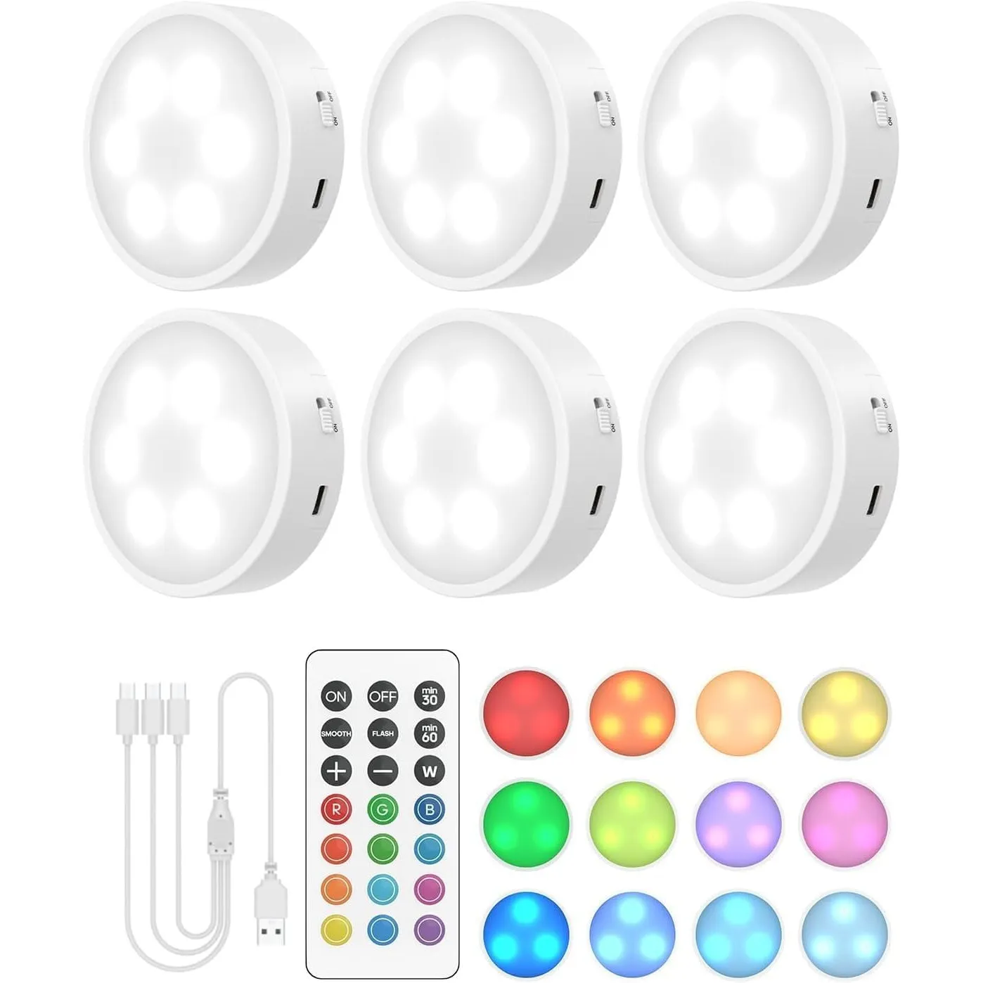 GOODEA.fun Kabellose Vitrinenbeleuchtung - Aufladbare 3 RGBW Puck Lights