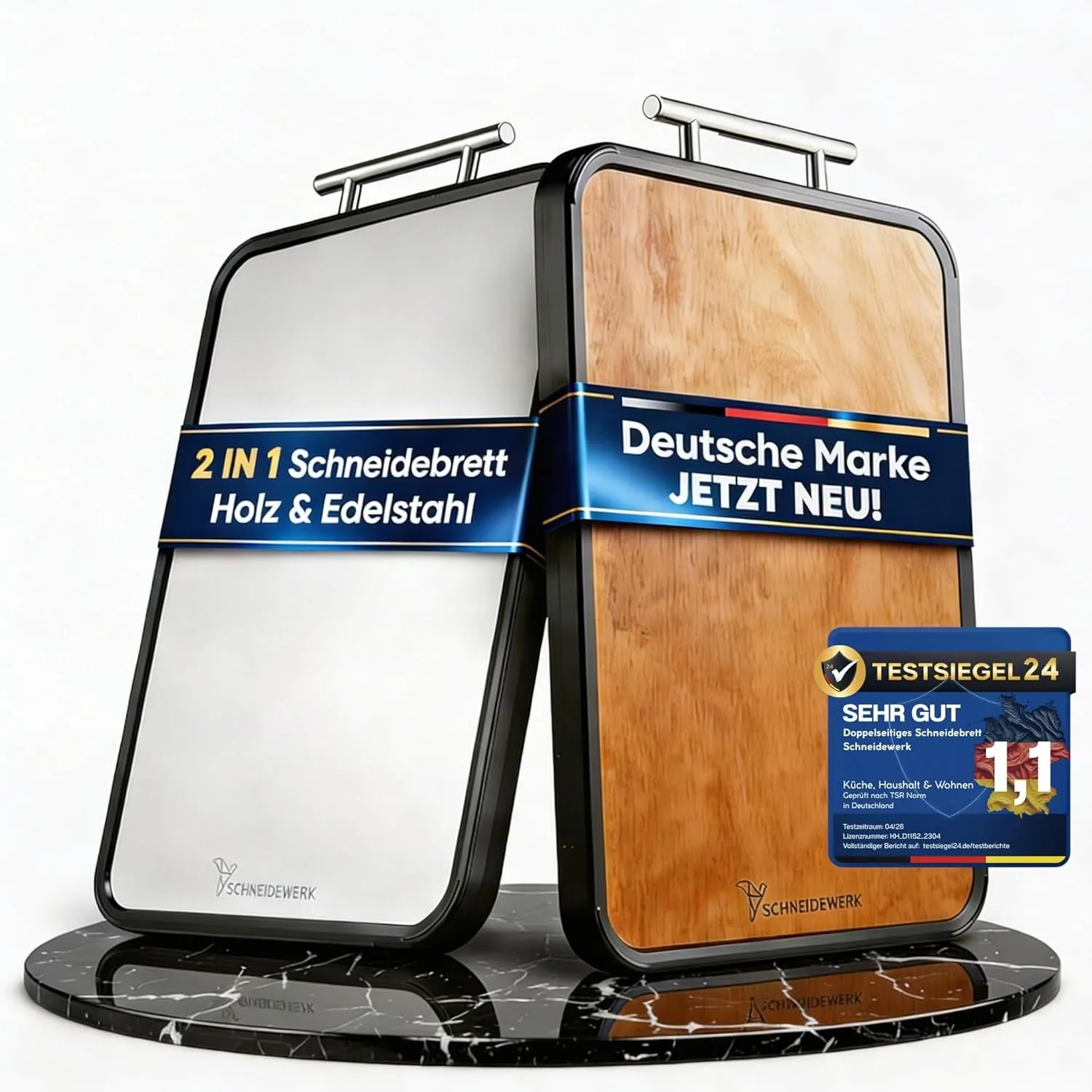 Doppelseitiges Schneidebrett Holz & Edelstahl – 2-in-1 Küchenbrett | Rutschfestes Cutting Board, Groß mit Saftrille & A…