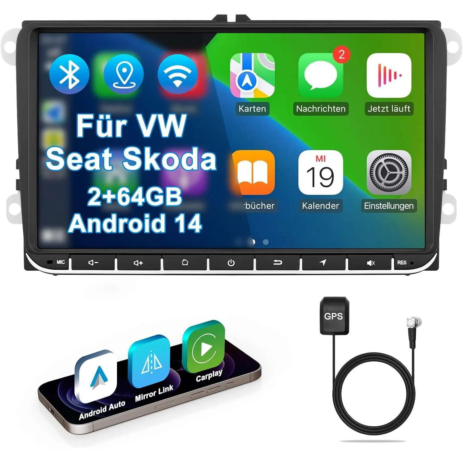 VW Autoradio mit Bildschirm 2+64GB für Golf 5 6 Polo T5 Passat Touran Seat Skoda, 2Din Bluetooth Auto Radio mit Navi DA…