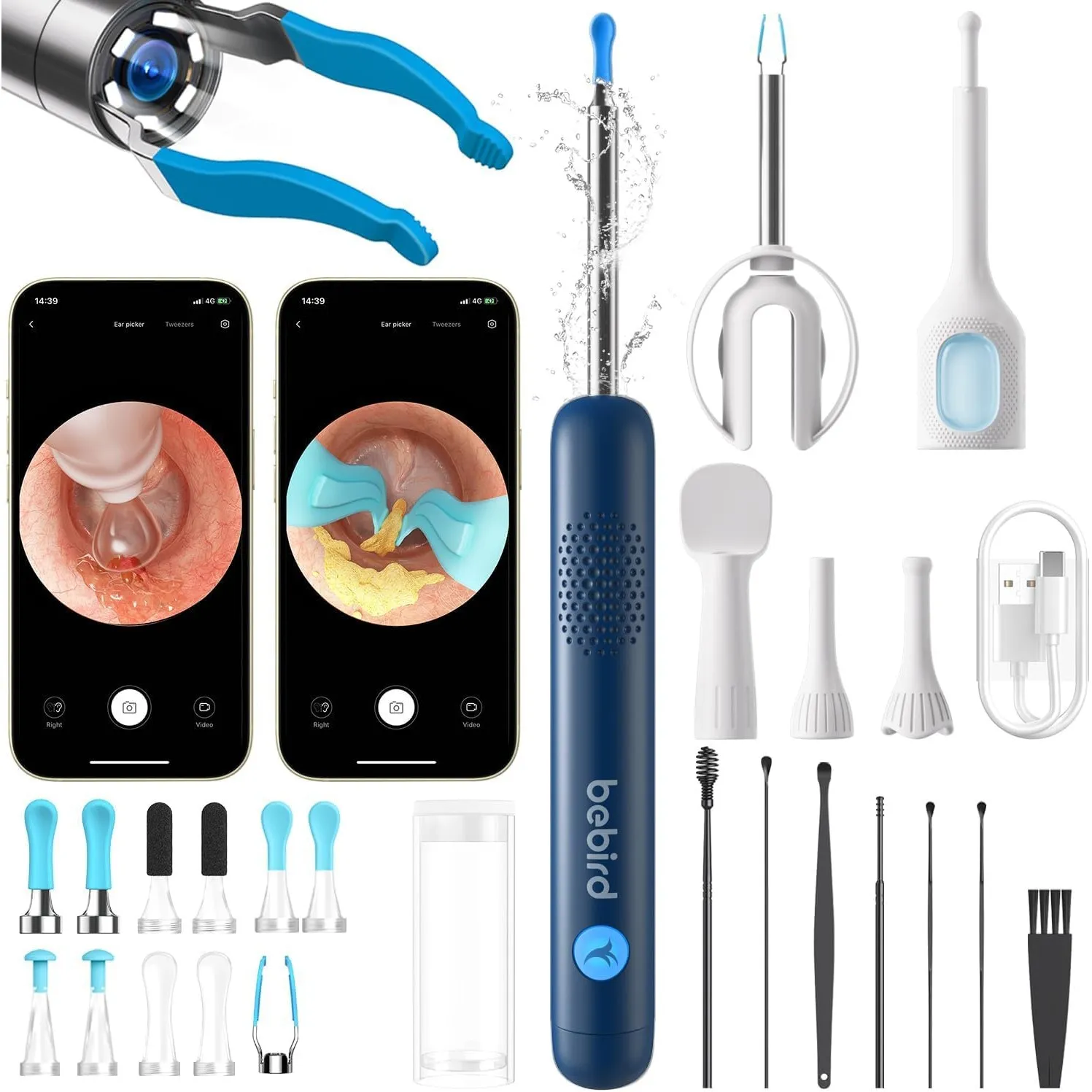 BEBIRD R1 Ultra Ohrenschmalz Entferner Kamera, Ohrenreiniger Komplett-Set mit Sichtbarer Dropper & Pinzette-Blau