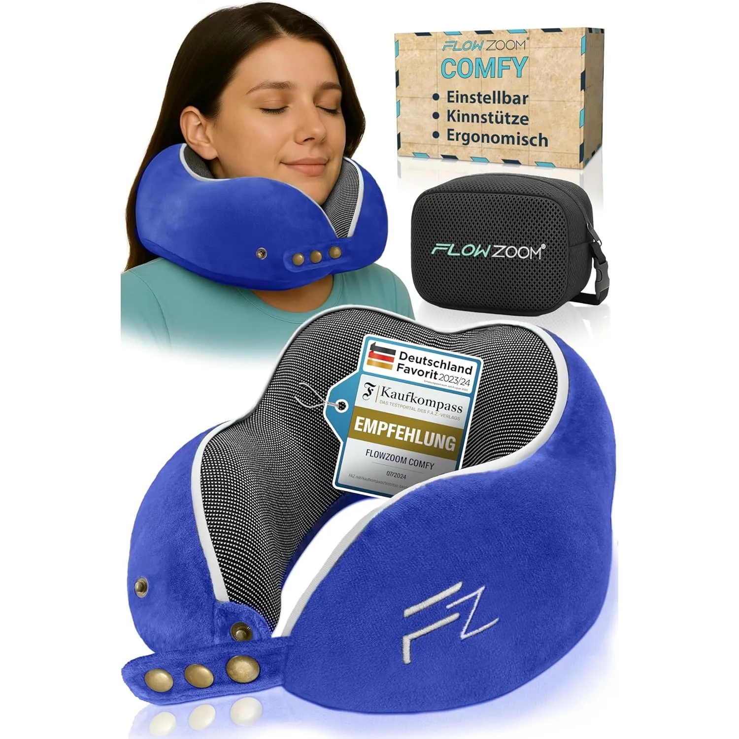 FLOWZOOM Comfy Nackenkissen Flugzeug & Auto - Einstellbares Memory Foam Reisekissen mit flexiblen Druckknöpfen für 360°…
