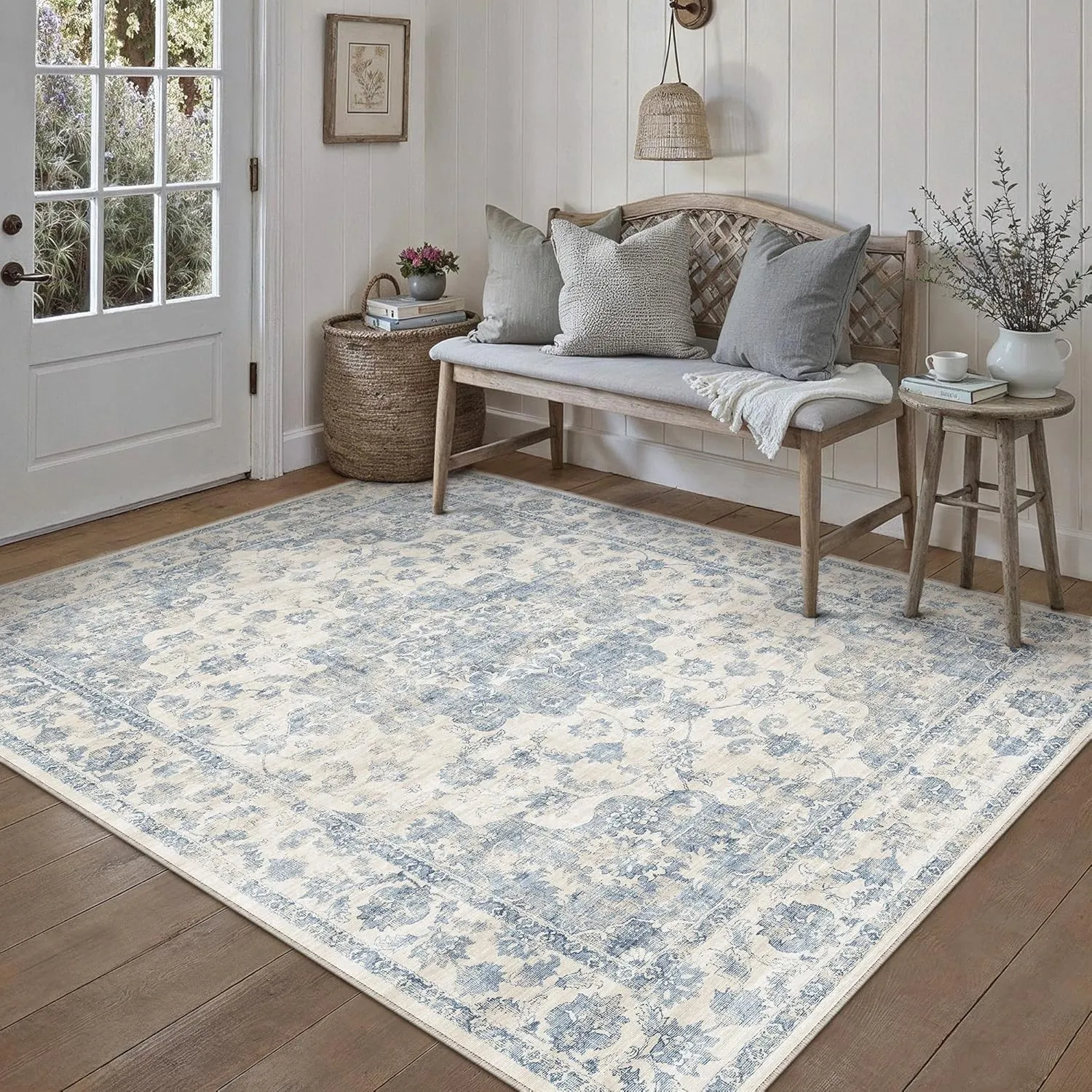 HUGEAR Vintage Teppich Wohnzimmer 140x200cm Blau Waschbar | Waschbarer Retro Teppich,Weich,Rutschfest Kurzflor,Groß,für…