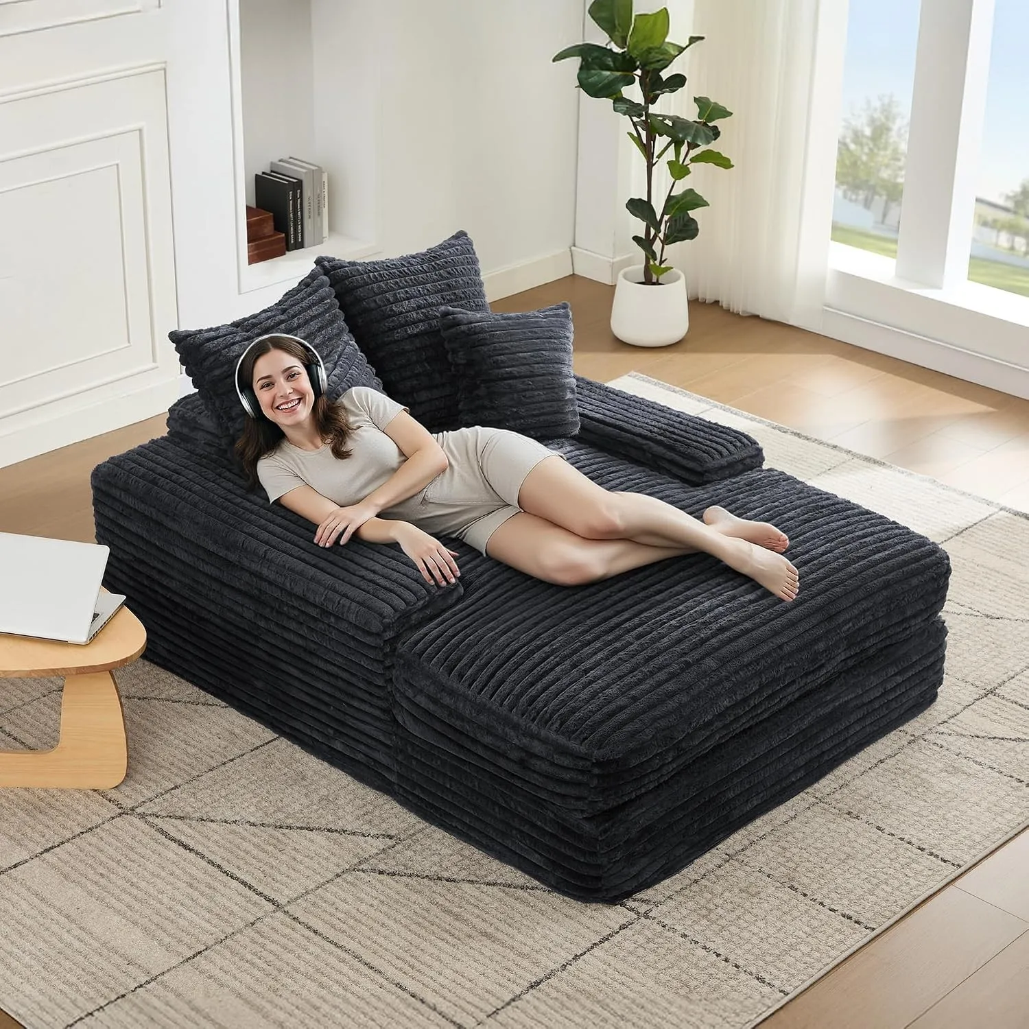 DEKKETO Cord Oversize Cloud Couch Sofa mit 4 Kissen, ohne Montage, Grau