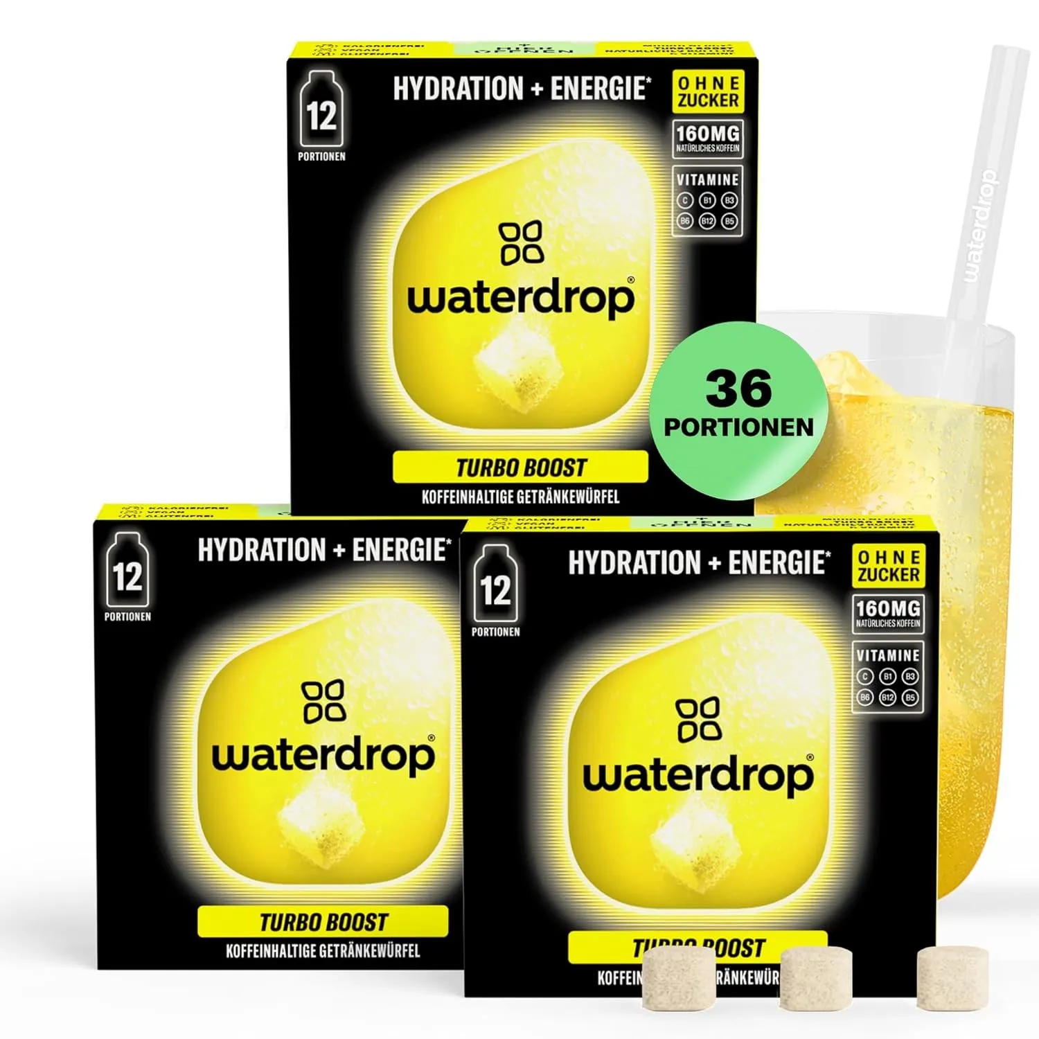 waterdrop® Microenergy Turbo Boost – 160mg Koffein, 36 Drops Würfel – Zuckerfrei, Kalorienarm, Energie-Booster mit Vita…