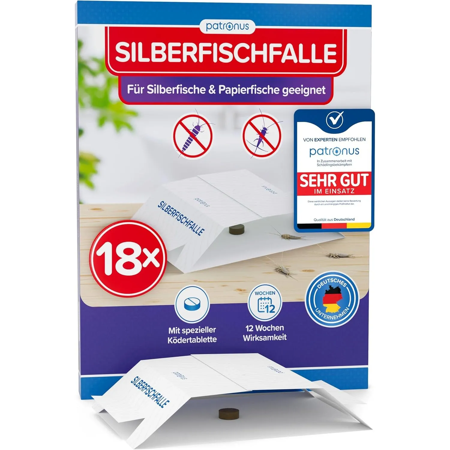 Patronus Silberfischfalle [18x] Monitoring-Klebefalle mit giftfreiem Köder