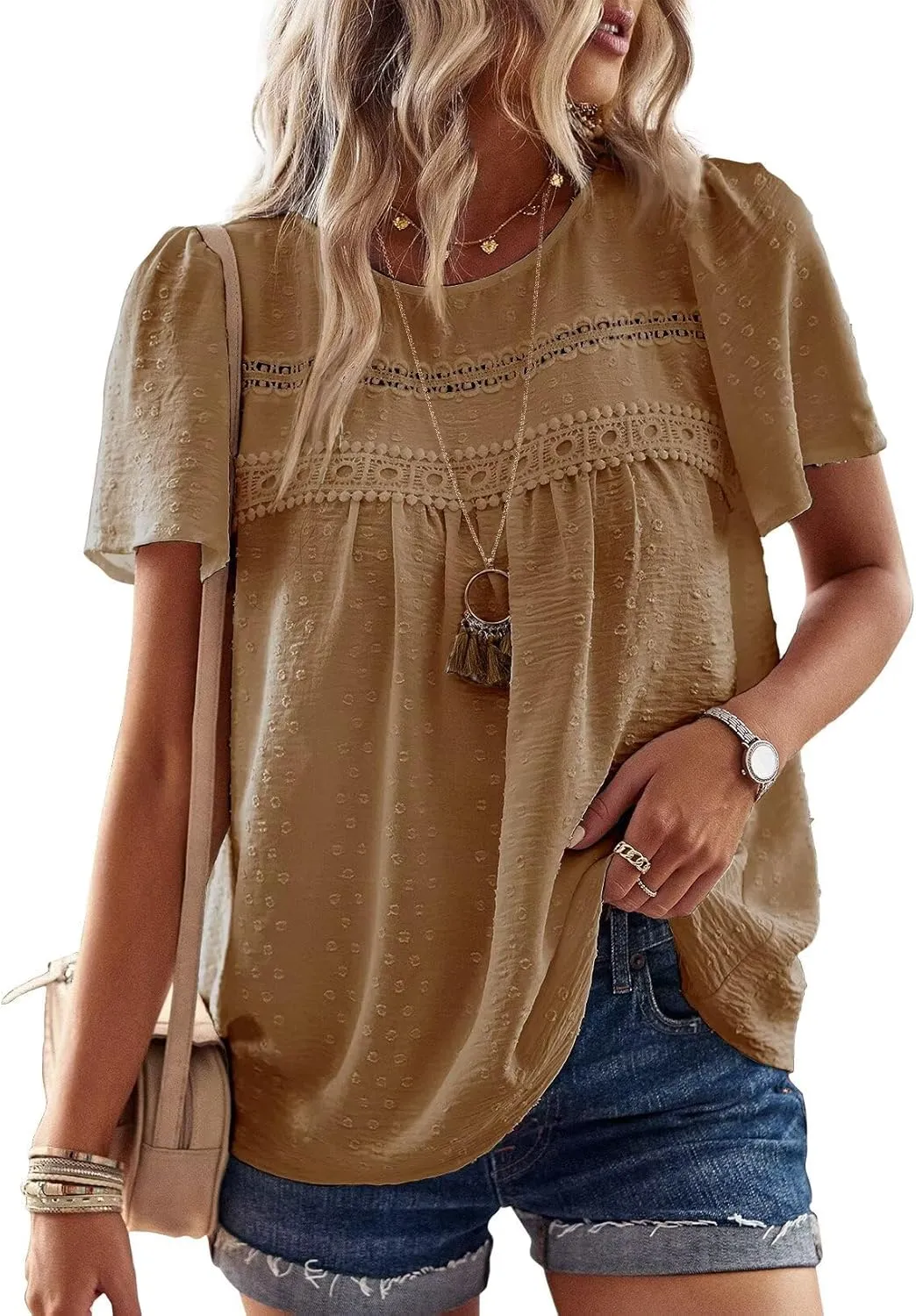 Top Women's Summer Boho Blouse Short Sleeve Tops Flowing Elegant Crew Neck T-Shirt Tunic Casual Outfits Lace Clothing