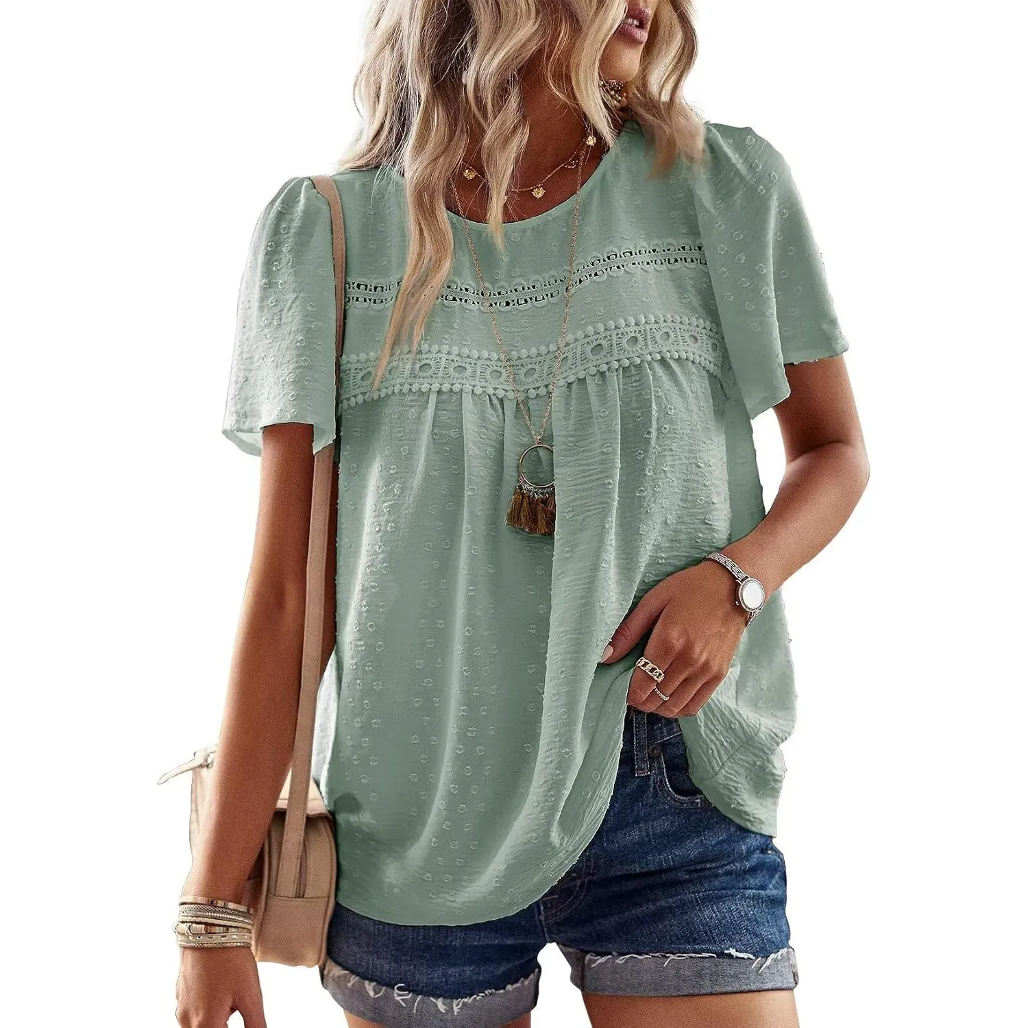 Top Damen Sommer Boho Bluse Kurzarm Oberteile Elegant Rundhals | Swiss Dot T Shirt, Süß Casual Tunika, Lässig Fließend …