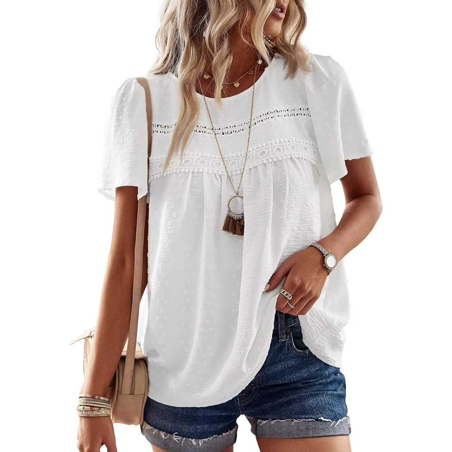 Top Damen Sommer Boho Bluse Kurzarm Oberteile Elegant Rundhals | Swiss Dot T Shirt, Süß Casual Tunika, Lässig Fließend …
