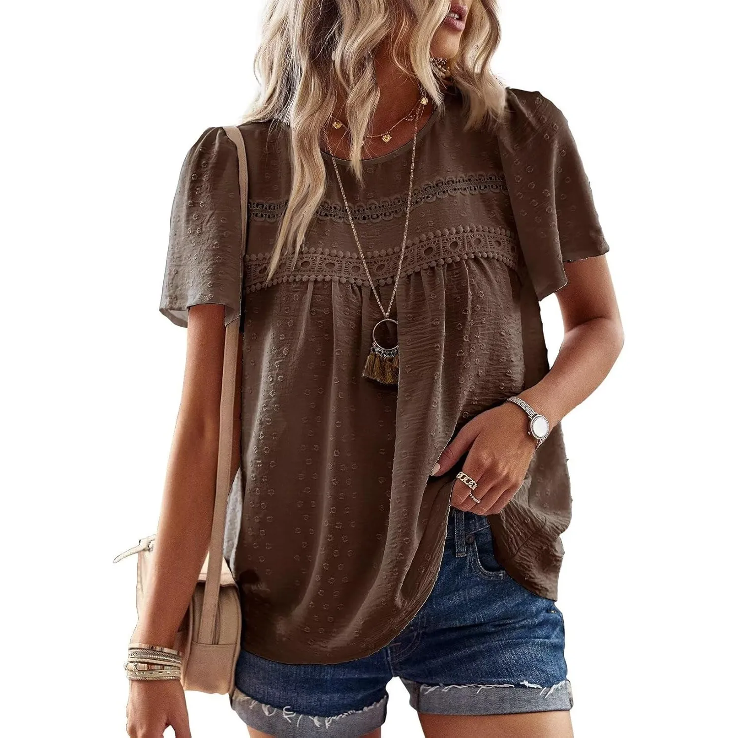 Top Damen Sommer Boho Bluse Kurzarm Oberteile Fließend Elegant Rundhals T Shirt Tunika Lässig Outfits Spitze Kleidung