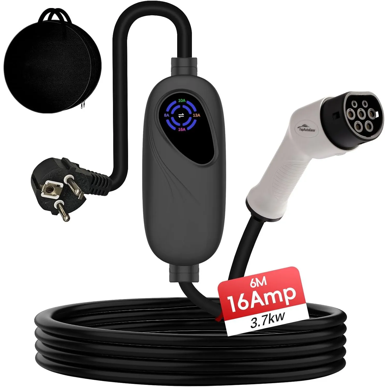 TopAutoGear Ladekabel Elektroauto Typ 2 schuko - 3,7kW,1-Phase,[6m, 8-16A], Mobiles Ladegerät - Kompatibel mit Model 3/…