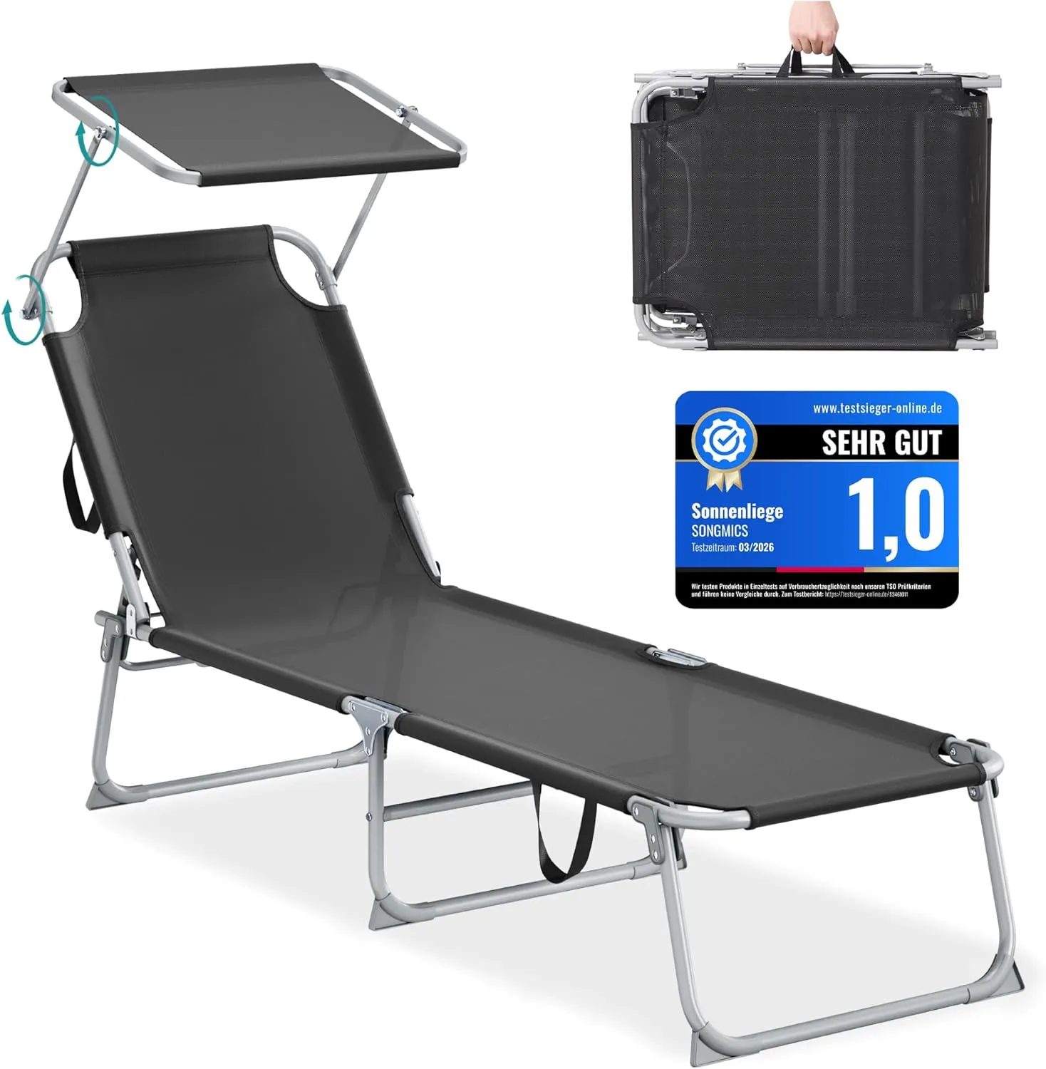 SONGMICS Folding Sun Lounger, 189 x 53 x 28.5 cm, Garden Lounger, Maximum Load 110 kg, Adjustable Sun Visor and Backres…