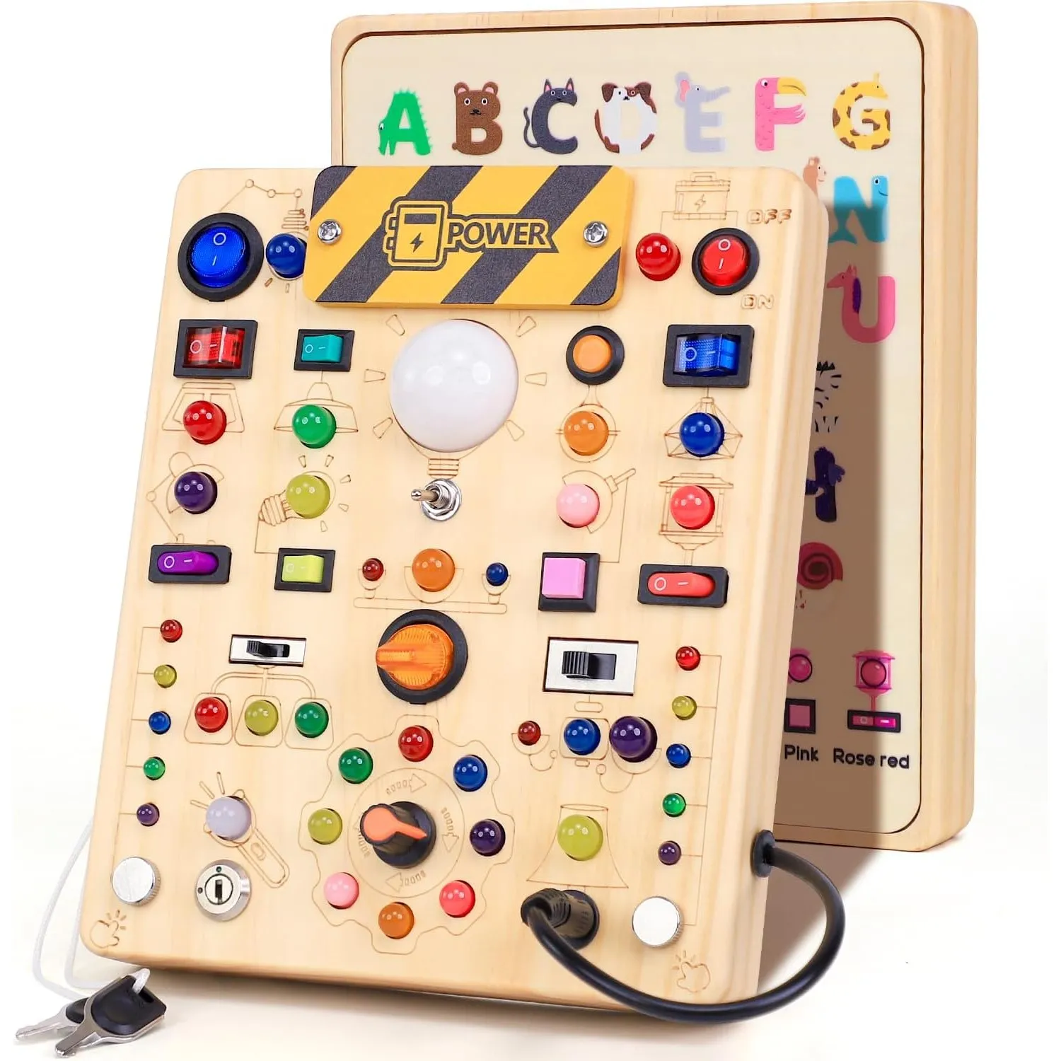 Montessori Spielzeug Busy Board ab 1 Jahr Activity Board aus Holz | Motorikspielzeug mit, 19 Schaltern 40 LED-Leuchten,…