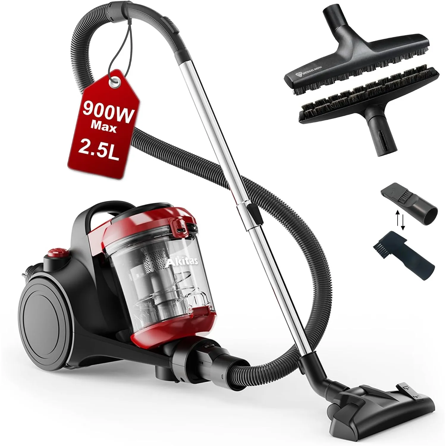 Akitas C10P 900W Beutelloser Staubsauger ohne Beutel – Mit Deutscher Wessel Werk D320 Hartbodenbürste aus Naturhaar, 32…