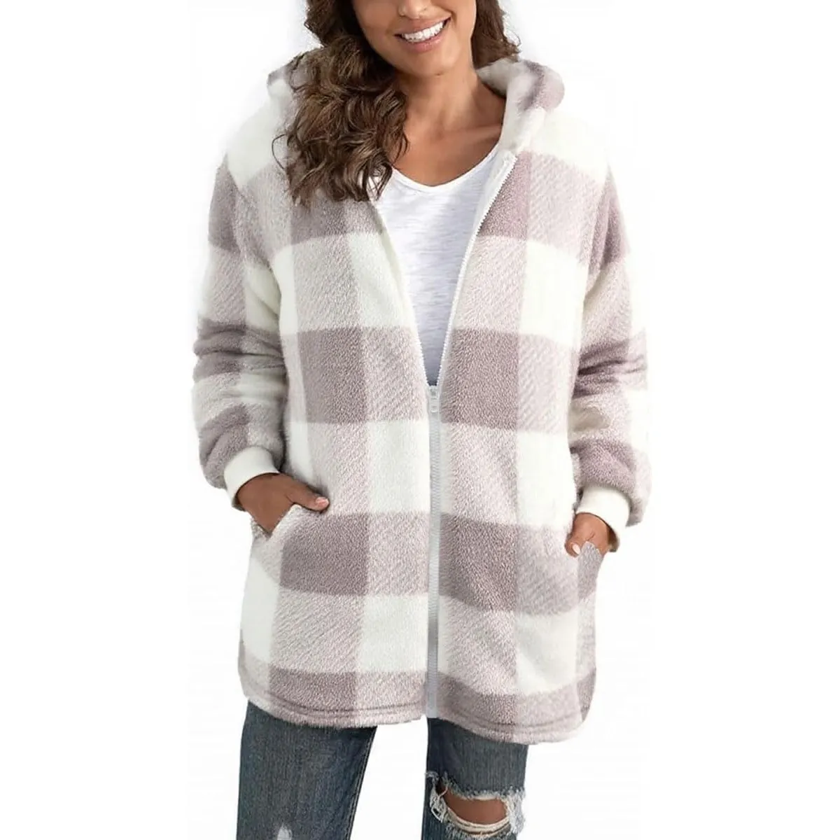 ABINGOO Damen Teddy Mantel Fleecejacke Kariert Übergangsjacke Plüschjacke