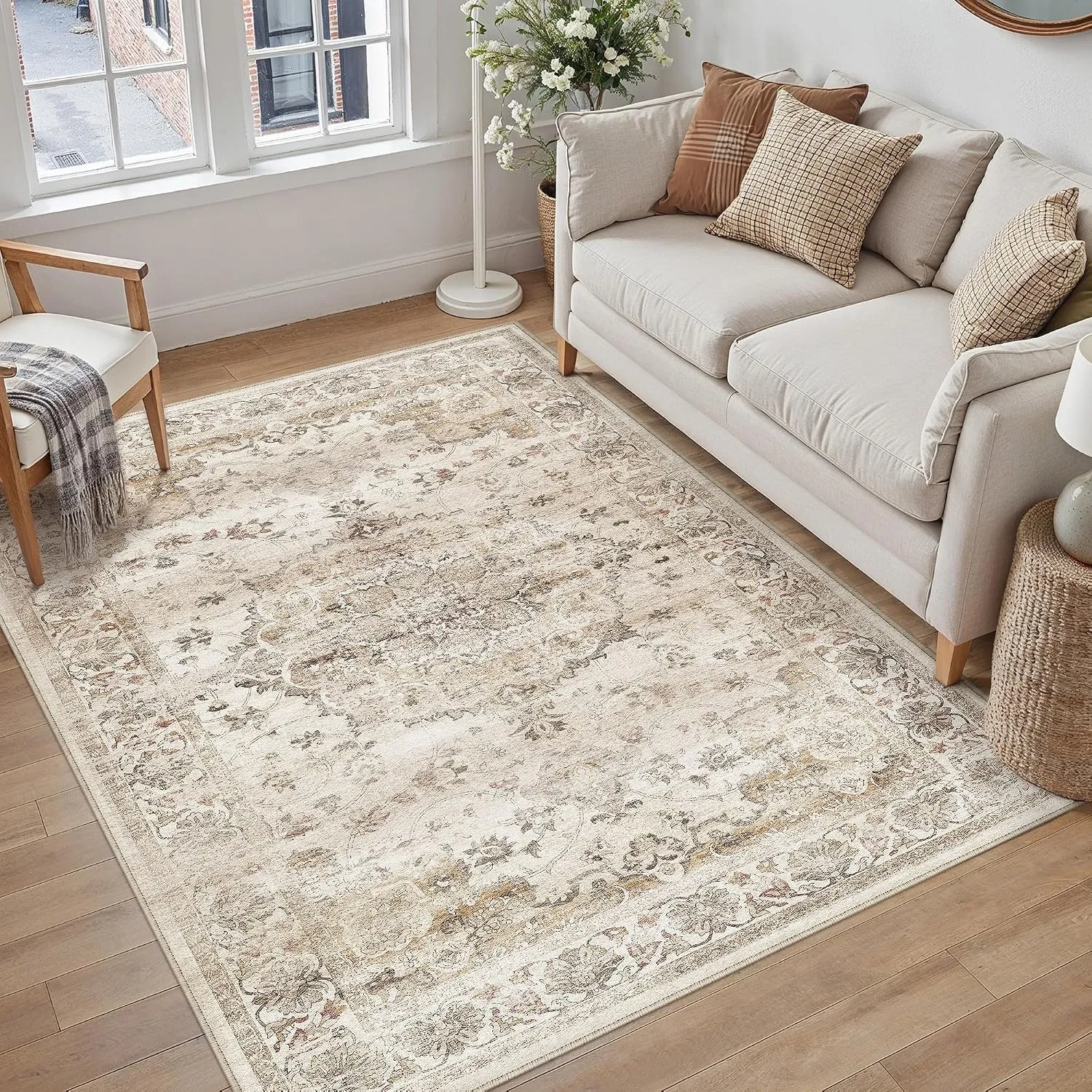 PureCozy Waschbarer Teppich Wohnzimmer 120x170cm Vintage Tepich,Beige