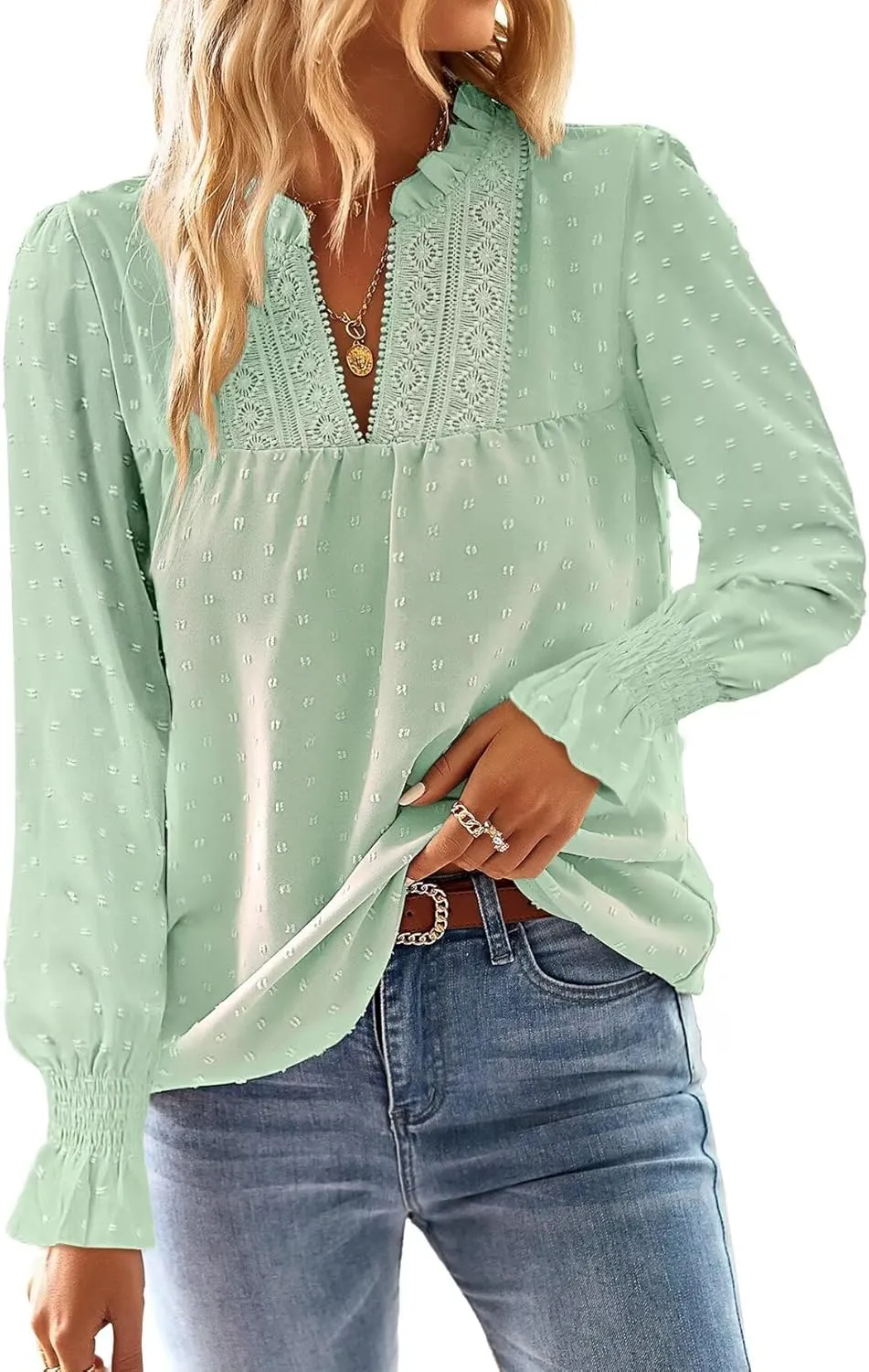 Langarmshirt Damen Herbst Boho Top Oberteile Fließend Elegant V-Ausschnitt T Shirt Süß Lässig Outfits Frühling Winter L…