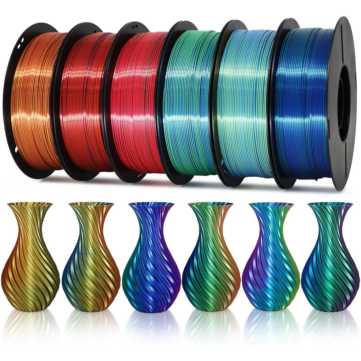 EONO PLA Dreifarbiges Filament, 6x1KG Bunt, 3D Drucker Filament, Silk PLA,Blau-Grün-Gold,Gold-Kupfer-Blau1,Rot-Gold1-Bl…