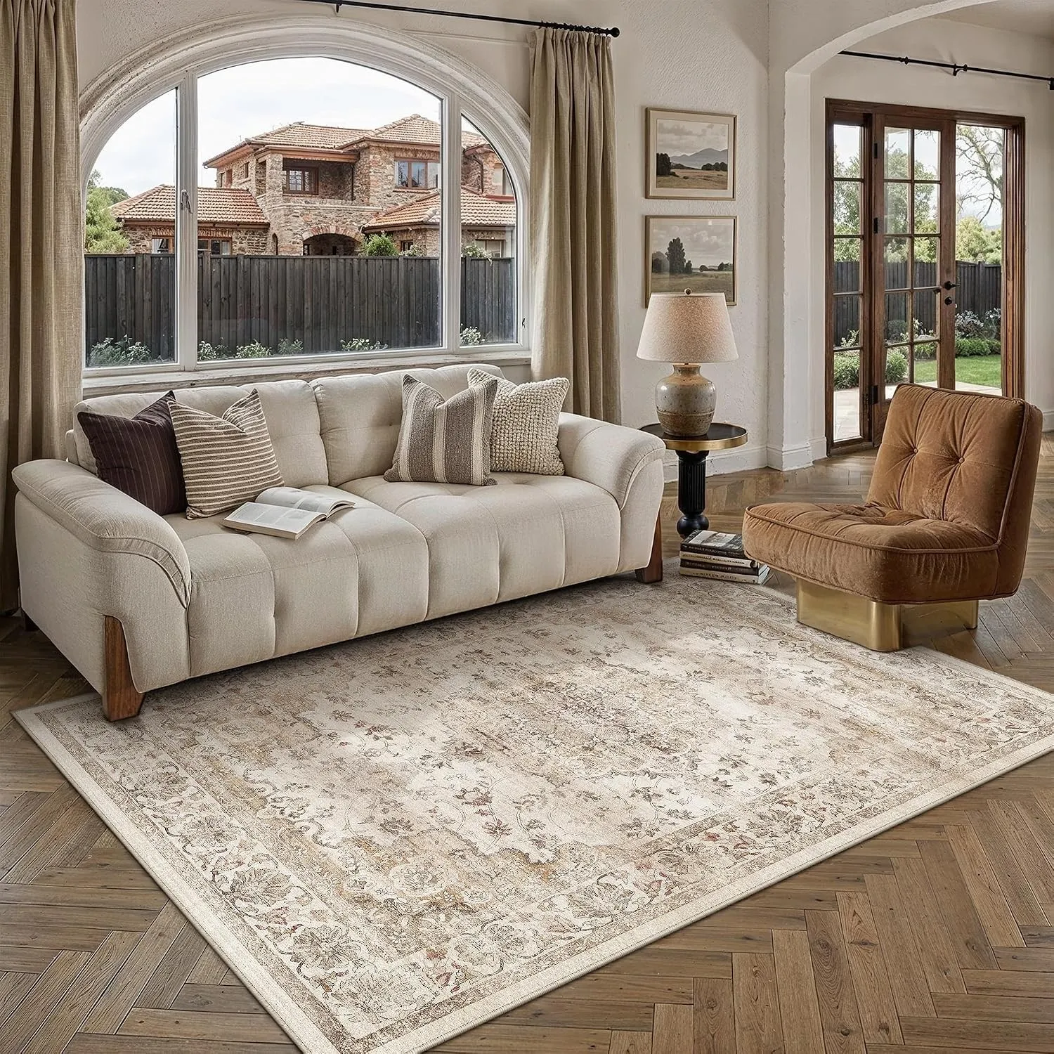 PureCozy Waschbarer Teppich Wohnzimmer 160x230cm Vintage Tepich,Beige