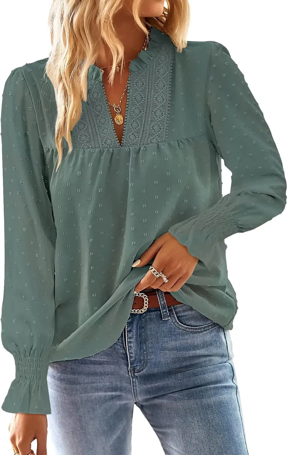 Langarmshirt Damen Herbst Boho Top Oberteile Fließend Elegant V-Ausschnitt T Shirt Süß Lässig Outfits Frühling Winter L…